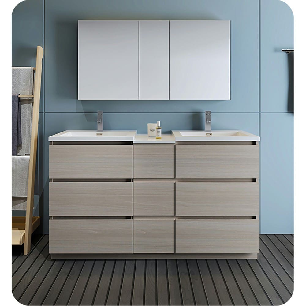Fresca FCB93-241224MGO-D-I Lazzaro 60-in Gray Wood - 3 PCS Double sink Bathroom Vanity with White Acrylic Top