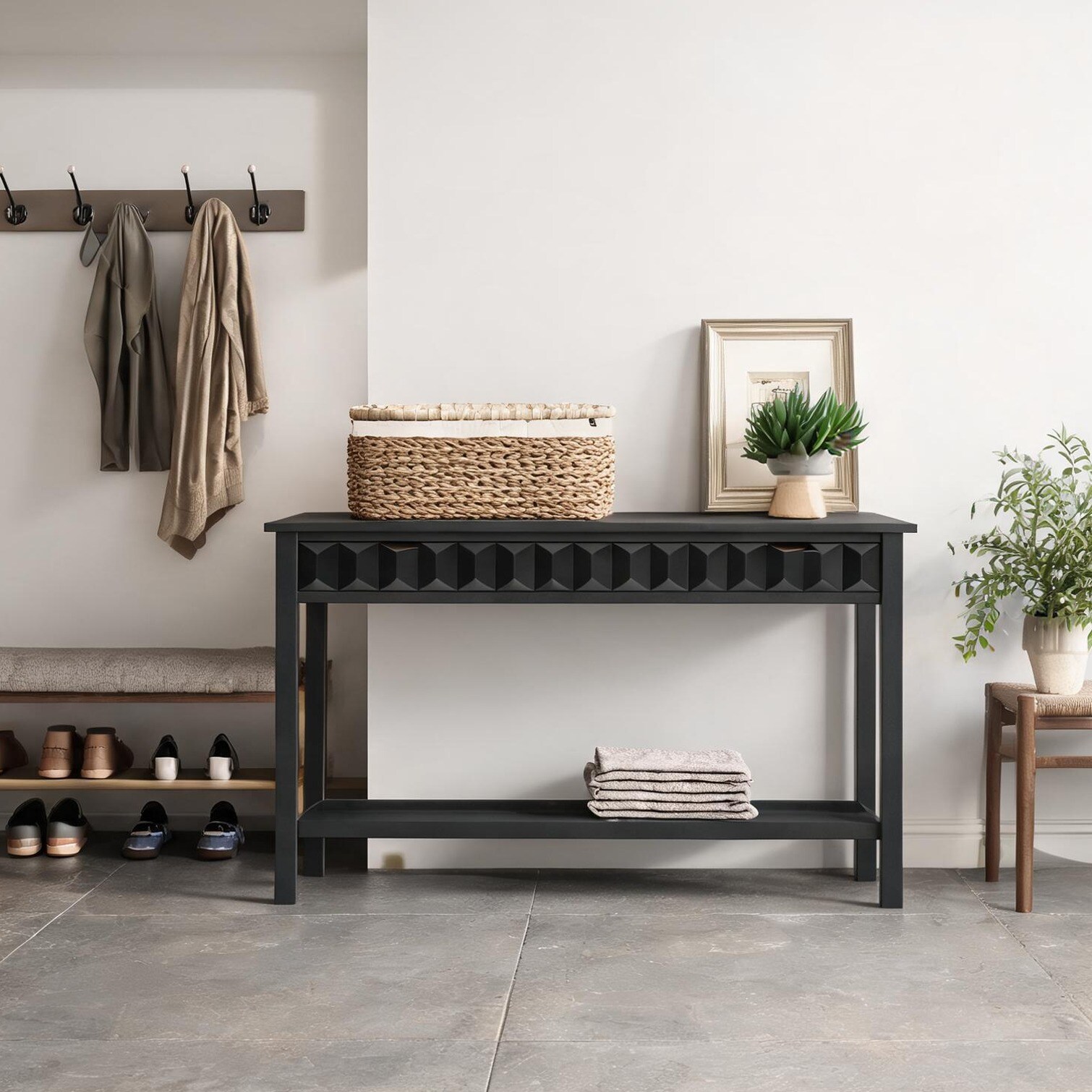 SunJet Jet Black 58.3 in. Console Table with Honeycomb Drawers and Open ...