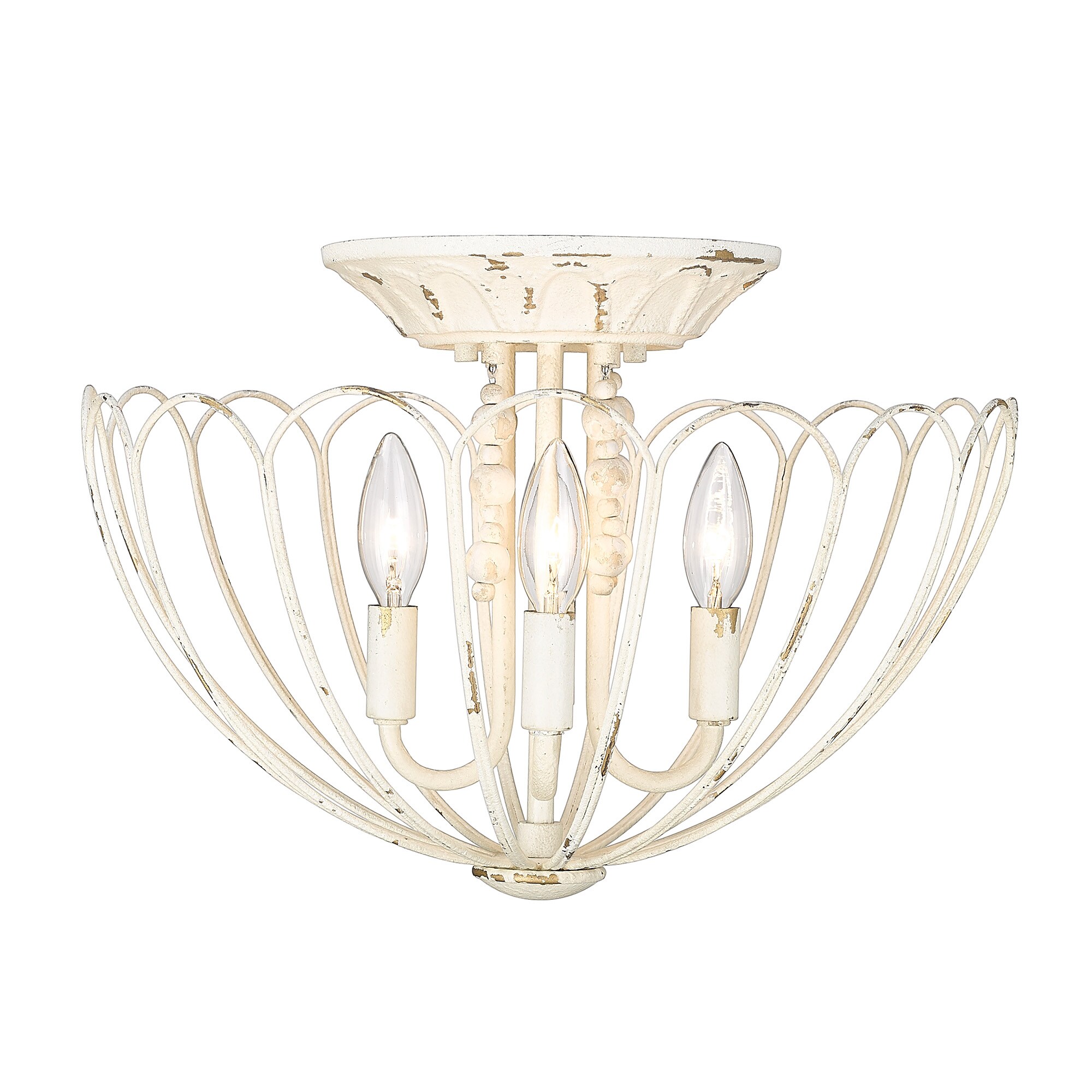 Vintage White 4-Light Semi-Flush Mount with Wood Beads