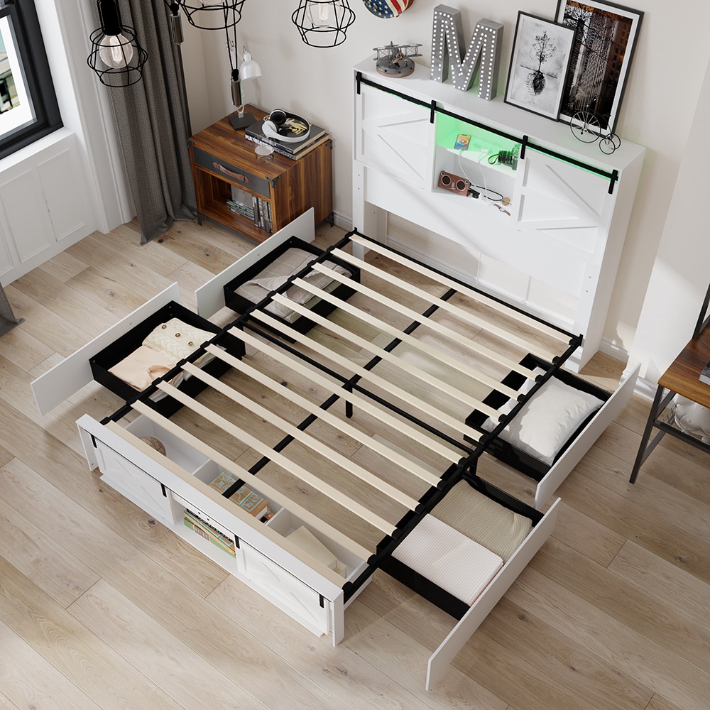 Homsee C-KF330160-01-AB Queen Size Modern Farmhouse Bed Frame with Sliding Barn Doors LED Light Strip Bluetooth Control and Storage Drawers in White Linen Finish