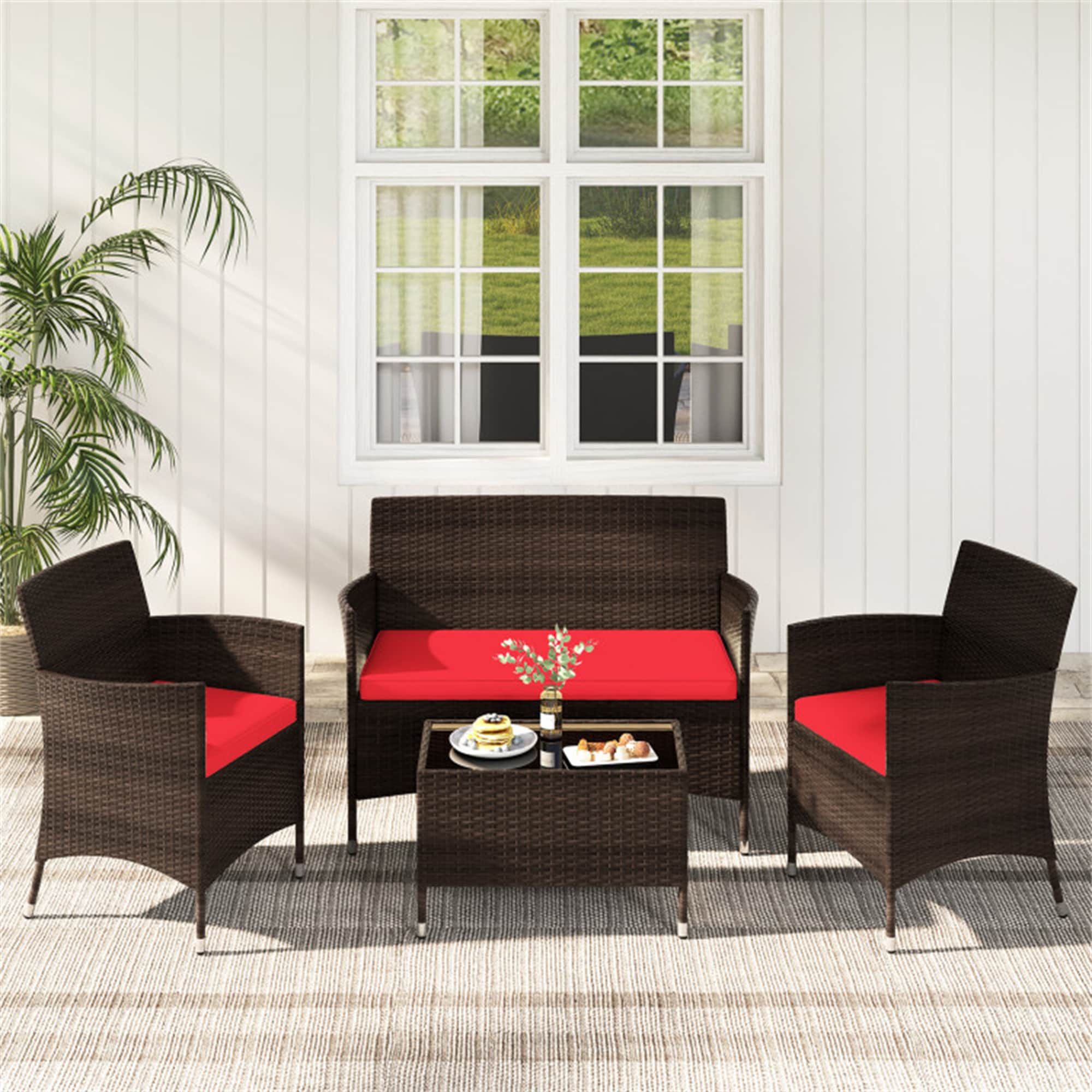 BABOOM BOM-67772RE-CO Outdoor Furniture Set 4 -Piece Rattan Patio Conversation Set with Red Cushions