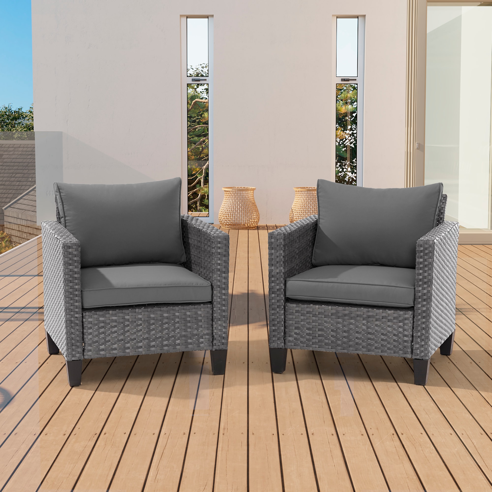 Sonkuki SD-PS-S2HGY patio chiars Set of 2 Wicker Gray Wicker Frame Stationary Conversation Chair with Gray Cushioned Seat