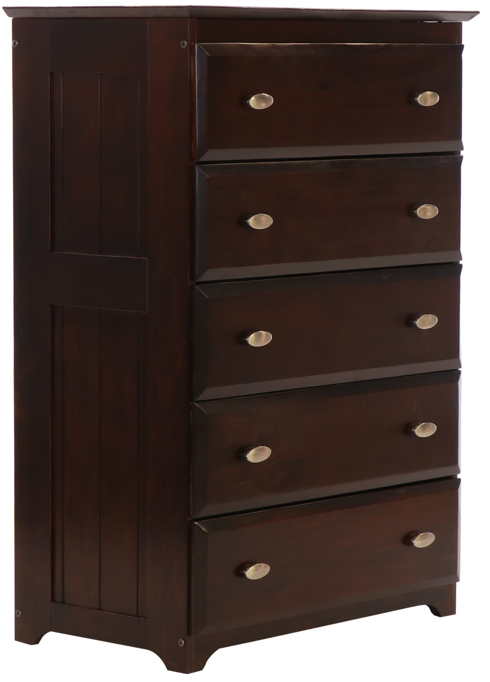 OSHOME 82955-22 This sturdily constructed solid wood dark espresso five drawer chest will give you years of service. Features unique, framed side panels and striking brushed silver finish on the drawers.  Drawers operate smoothly with nylon rollers on metal guides.