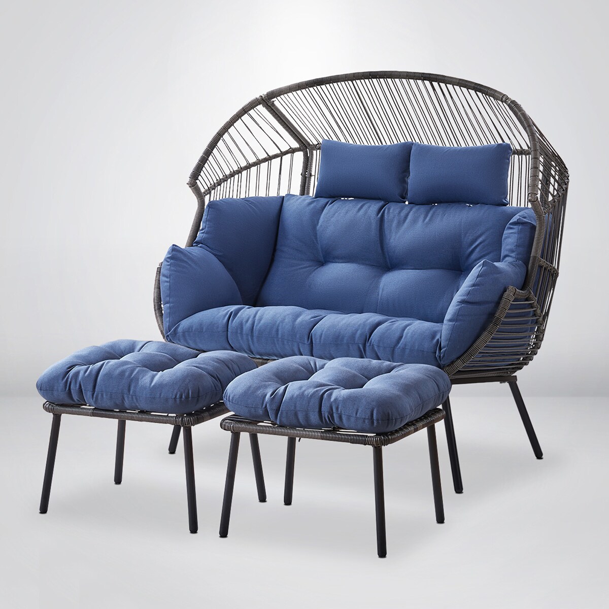 Rilyson Egg Chair Wicker Gray Wicker Frame Stationary Egg Chair with Blue Cushioned Seat