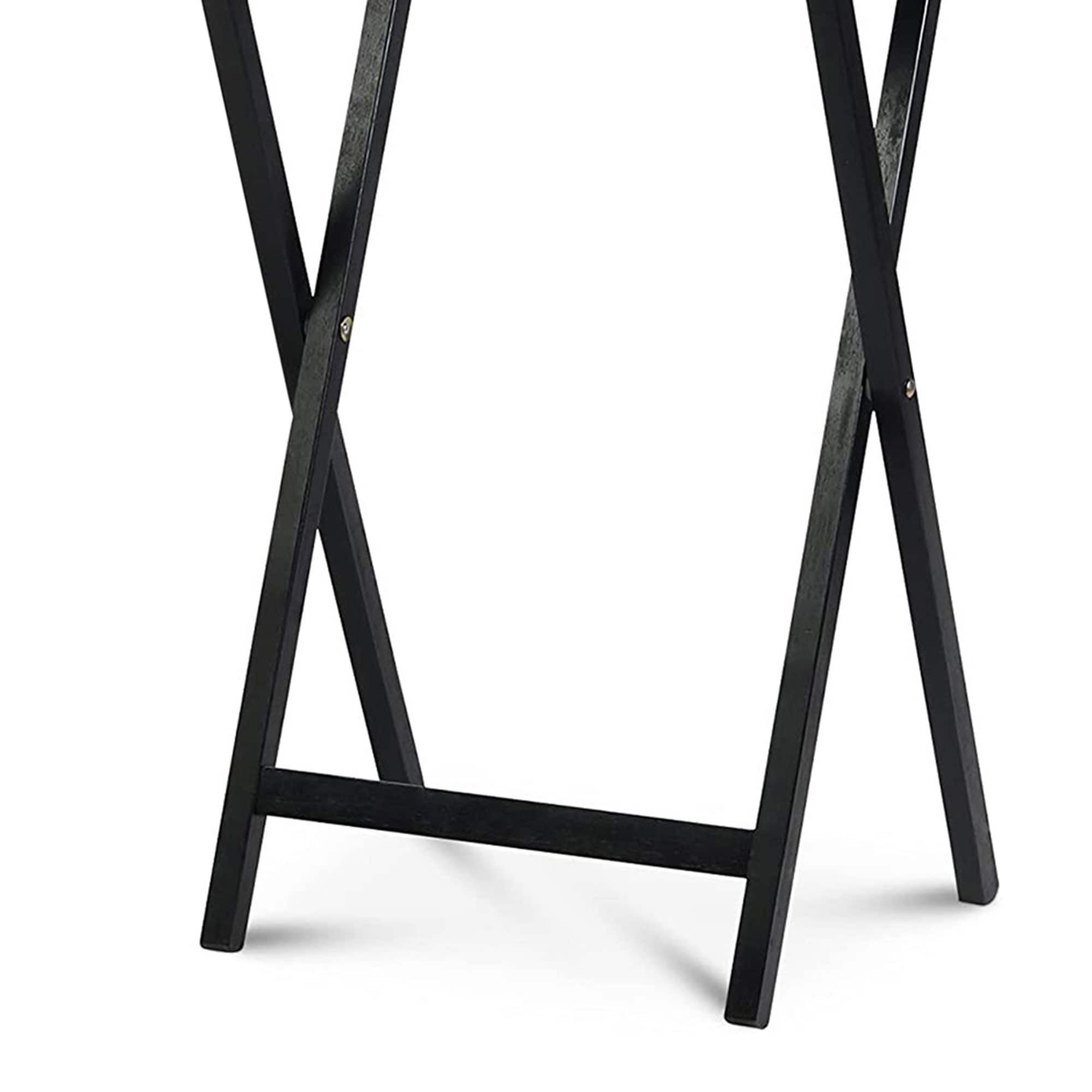 Sleek Black Solid Wood Collapsible TV Tray Set with Storage Rack, 5-Piece