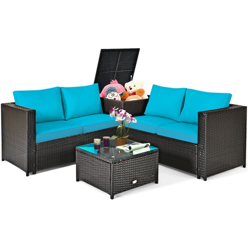 BABOOM BOM-04AAAORTM Patio Furniture Set 4 -Piece Rattan Patio Conversation Set with Blue Cushions