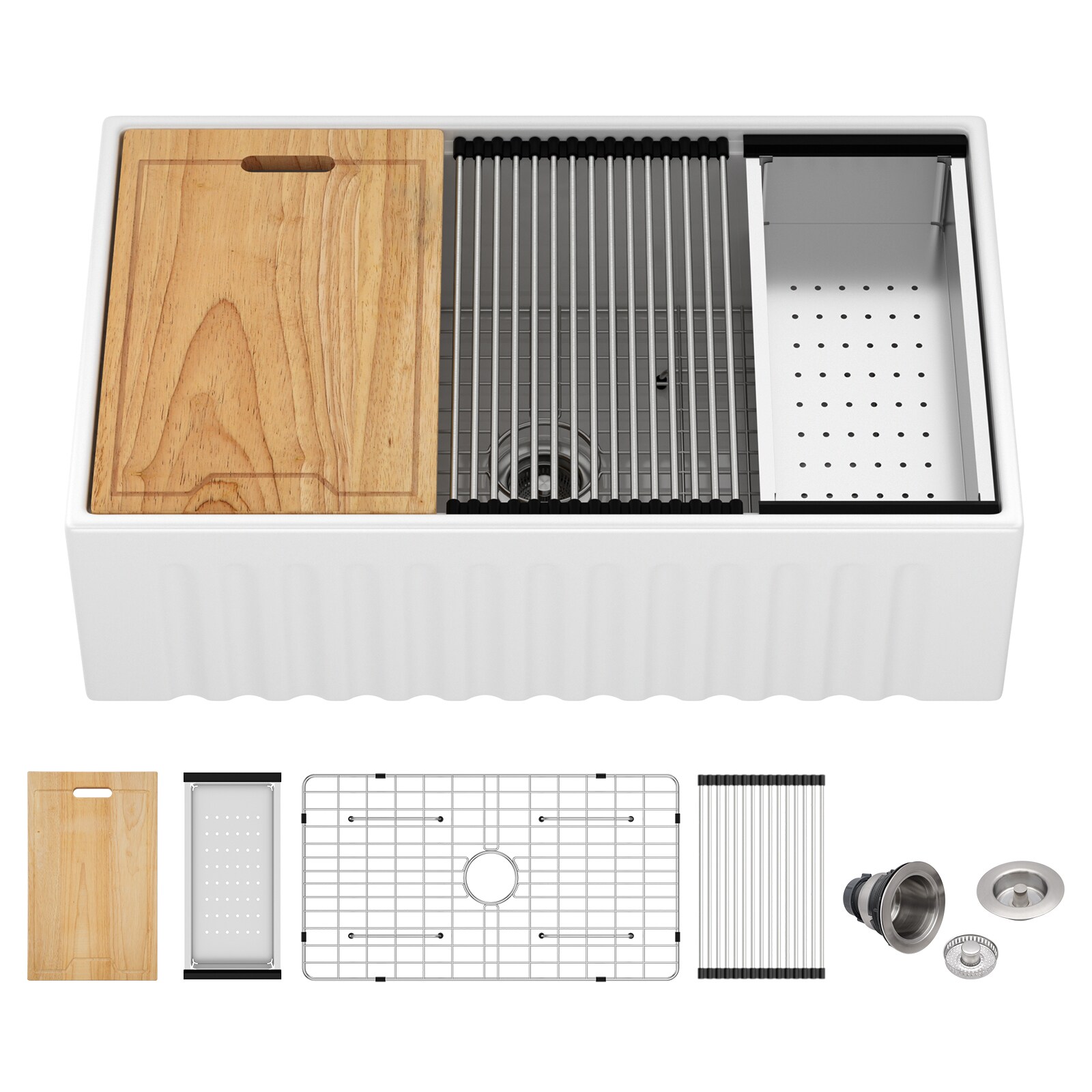 KICHAE Farmhouse Apron Front 33-in x 20-in White Ceramic Single Bowl Workstation Kitchen Sink with Accessories