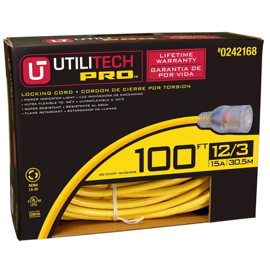 Utilitech Outdoor 100-ft 12/3-Prong Sjtw Super Heavy Duty Lighted and  Locking Extension Cord in the Extension Cords department at