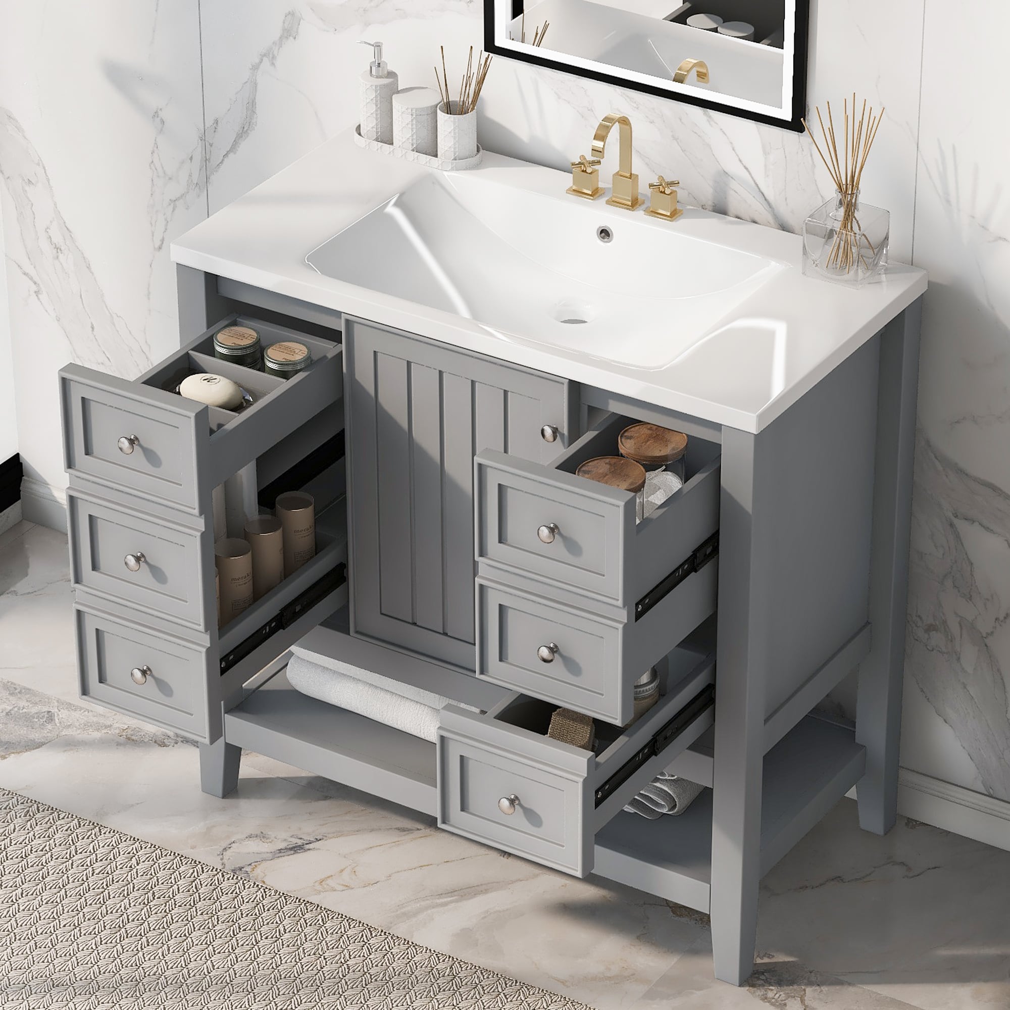 ModernLuxe L3P-N725P246500E 36inch Bathroom Vanity with Sink One Cabinet and Three Drawers Solid Wood and MDF Board Grey