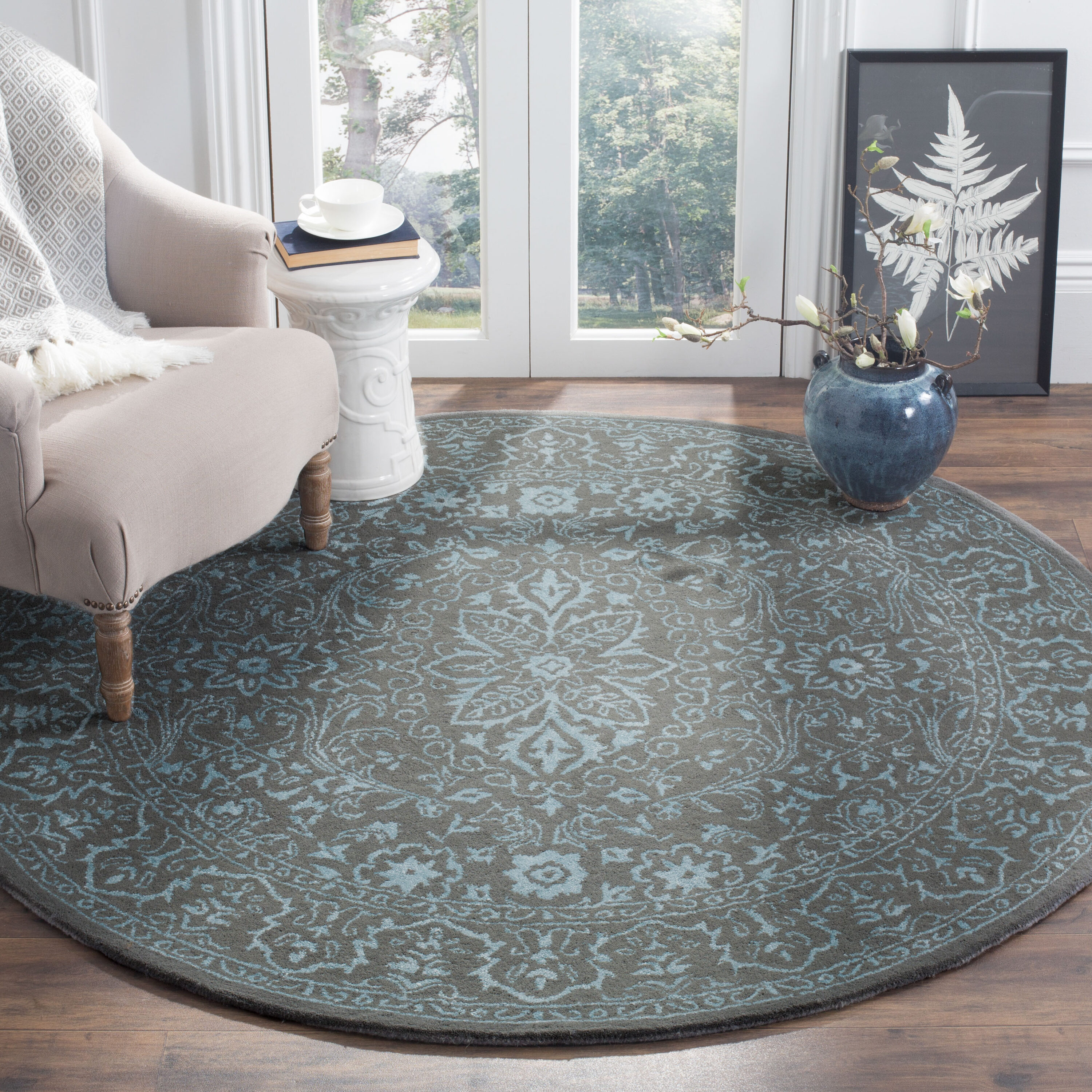  Glamour 516 Blue/Dark Gray Traditional 6ft x 6ft Round Rug