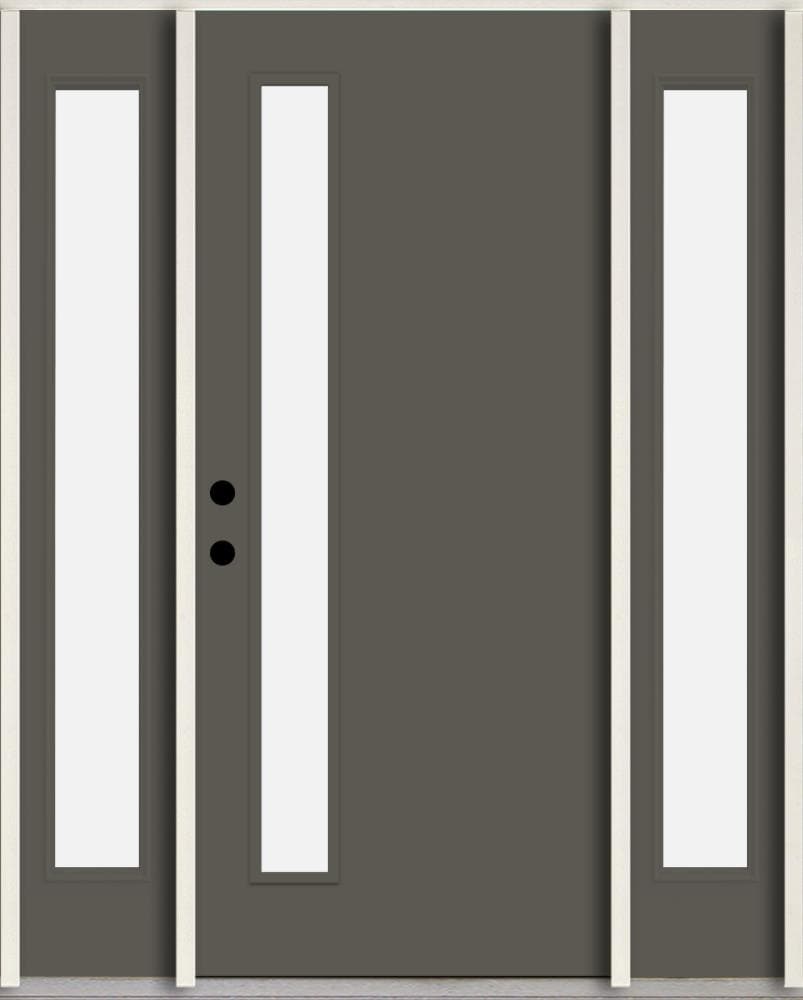 RELIABILT LO1065091 Spotlights 56-in x 80-in x 4-5/8-in Fiberglass 1/4 lite Right-hand inswing Thunder Gray Paint Painted Prehung Front Door with Sidelights Insulating core