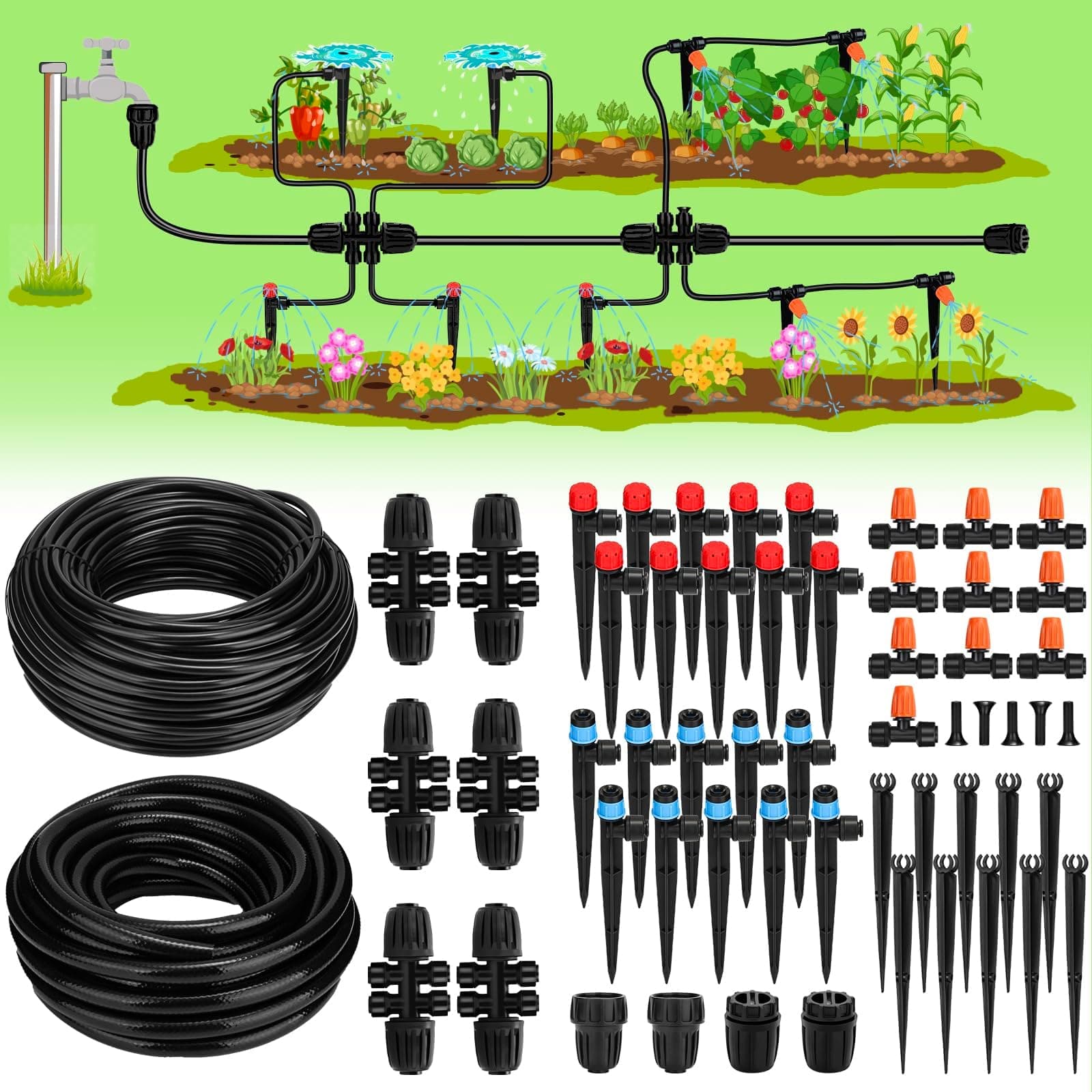 Etokfoks  Drip Irrigation Kit 40FT Half Inch Mainline and 100FT Quarter Inch Tubing Adjustable Emitters and Misting Nozzles 60 Piece Set