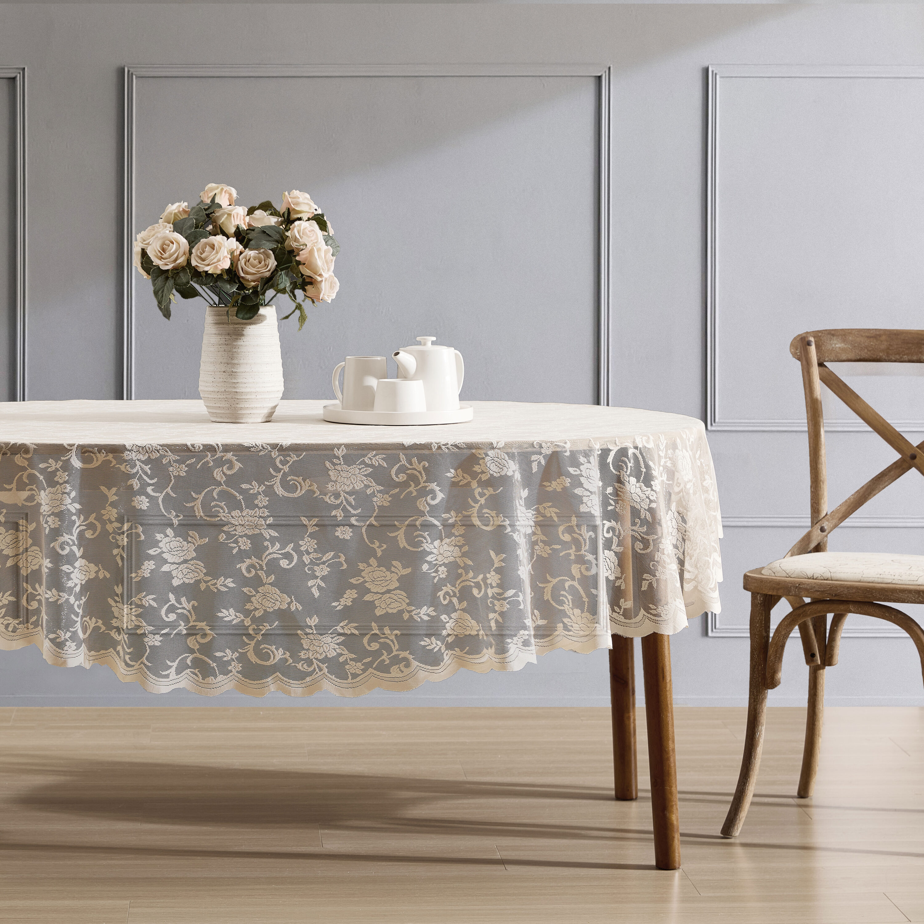 HLC.me HRPR-TBL-84OVL-LNN Harper Floral Lace Fabric Tablecloth for Round Tables - Wrinkle Resistant Lace Fabric - Table Cloth