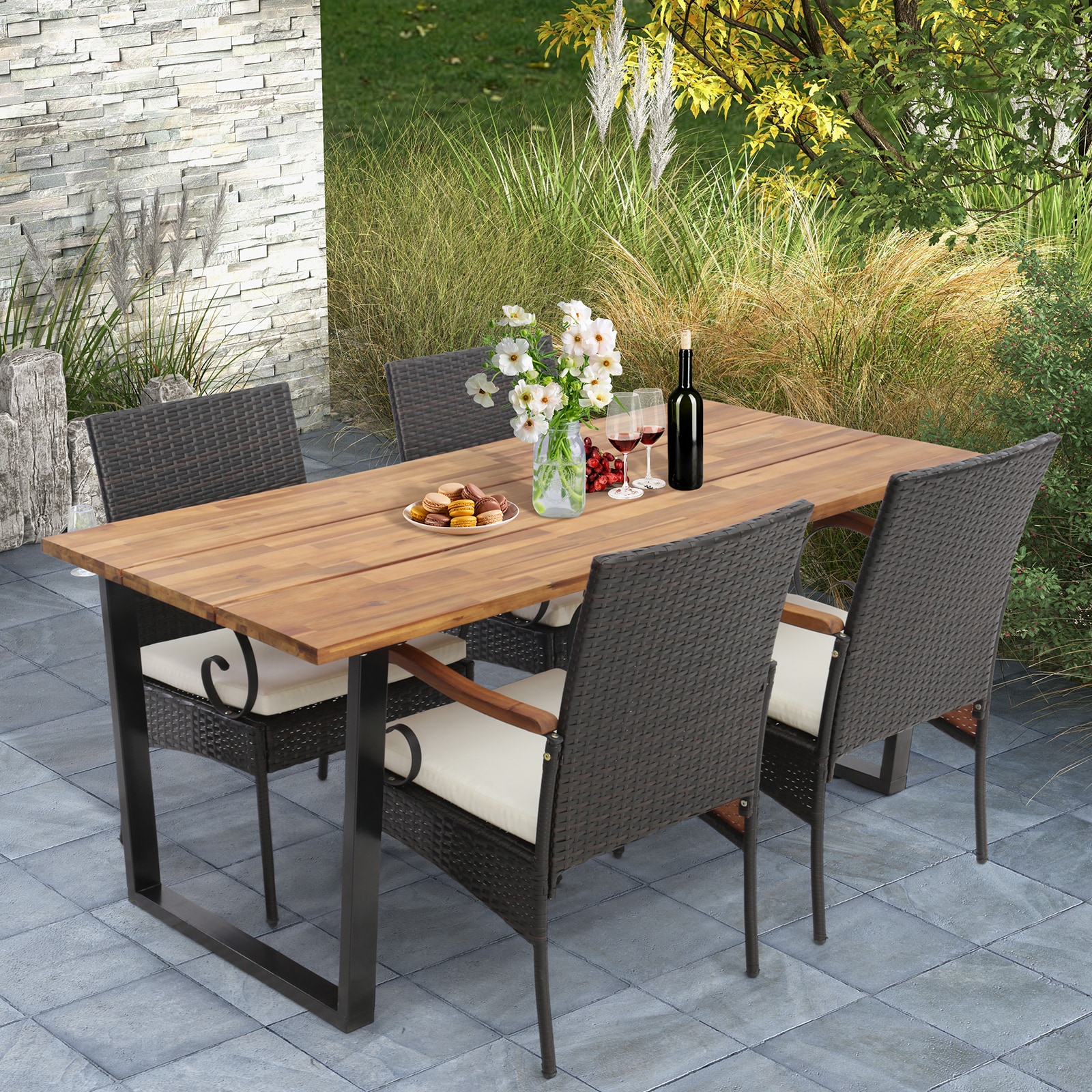 Forclover HBV-W70840 5 -Piece Black and Brown Rattan Patio Dining Set Wood Rectangle Table with 4 White Cushions Stationary Chairs