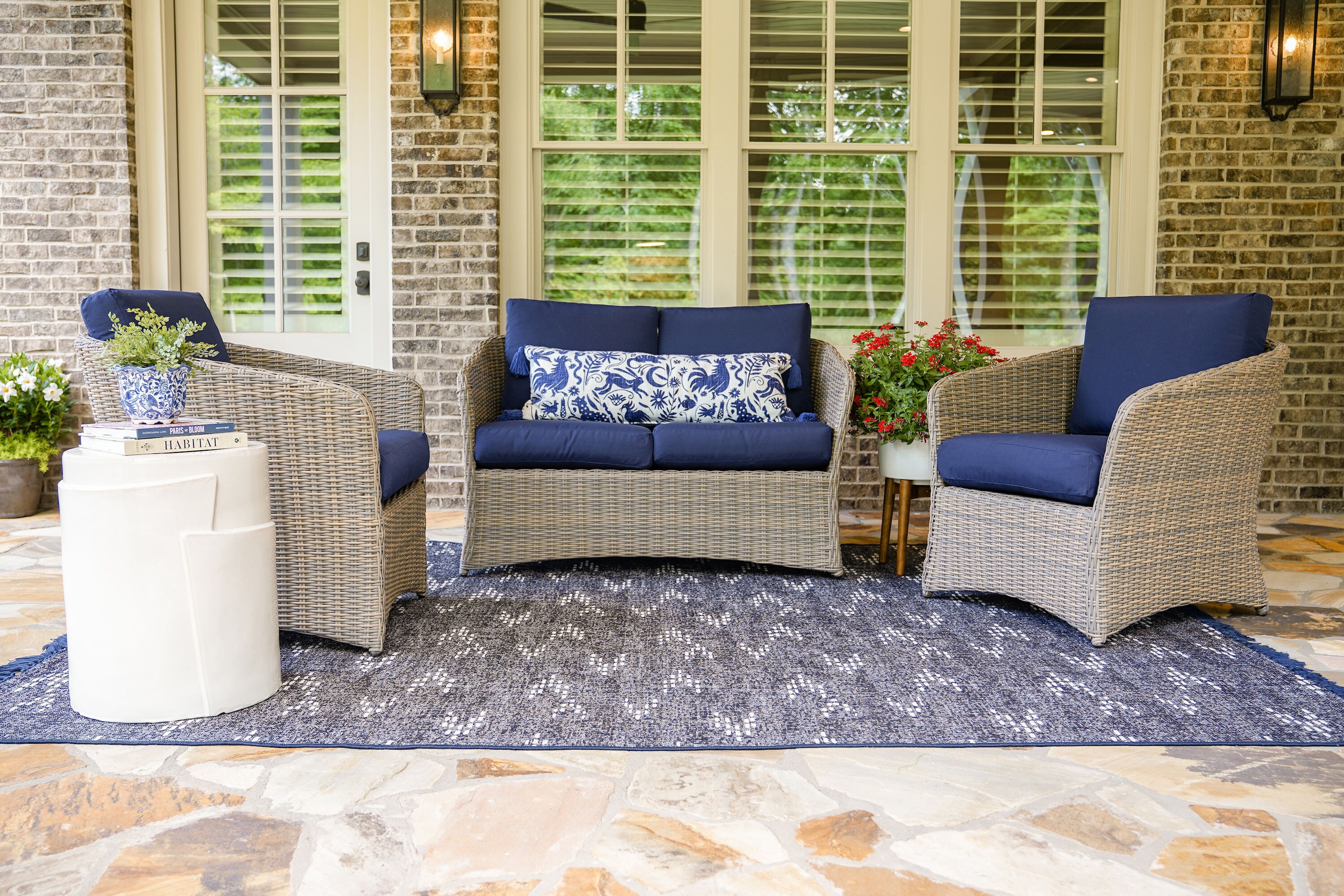 Leisure Made 381776-NVY Montgomery 3-Piece Wicker Patio Conversation Set with Blue Cushions