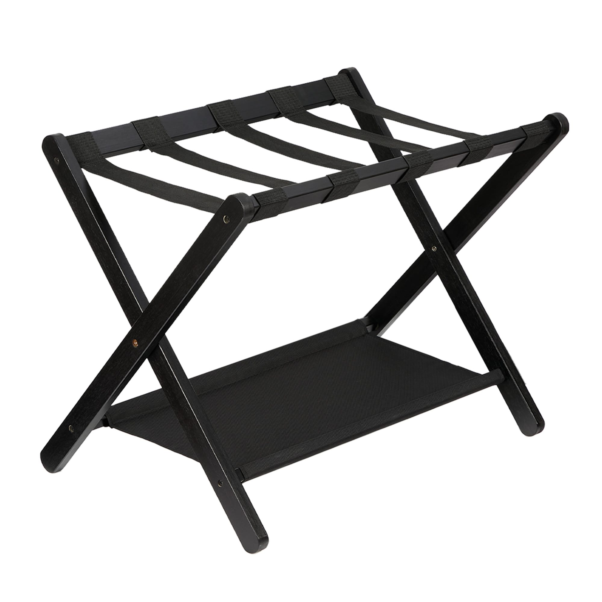 GarveeLife Folding Bamboo Luggage Rack with Storage Shelf and Nylon Straps Suitcase Stand Holds Up to 110 lbs Fits Most Luggage Sizes Space-Saving Design for Bedrooms Living Rooms and Hotels