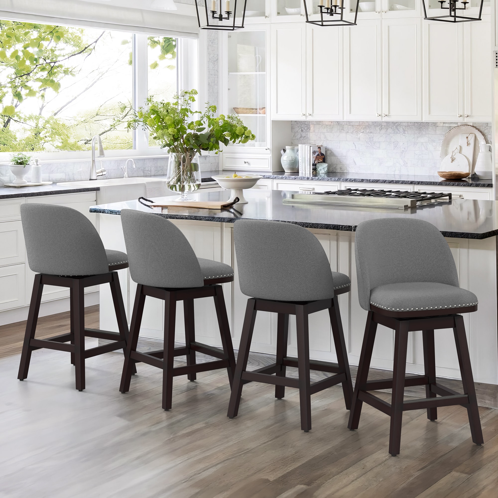 LUE BONA 4YB-009-02LS Set of 4 Gray/Fabric 26-in H Counter height (24-in to 27-in) Square Seat Upholstered Swivel Wood Back Bar Stool Back