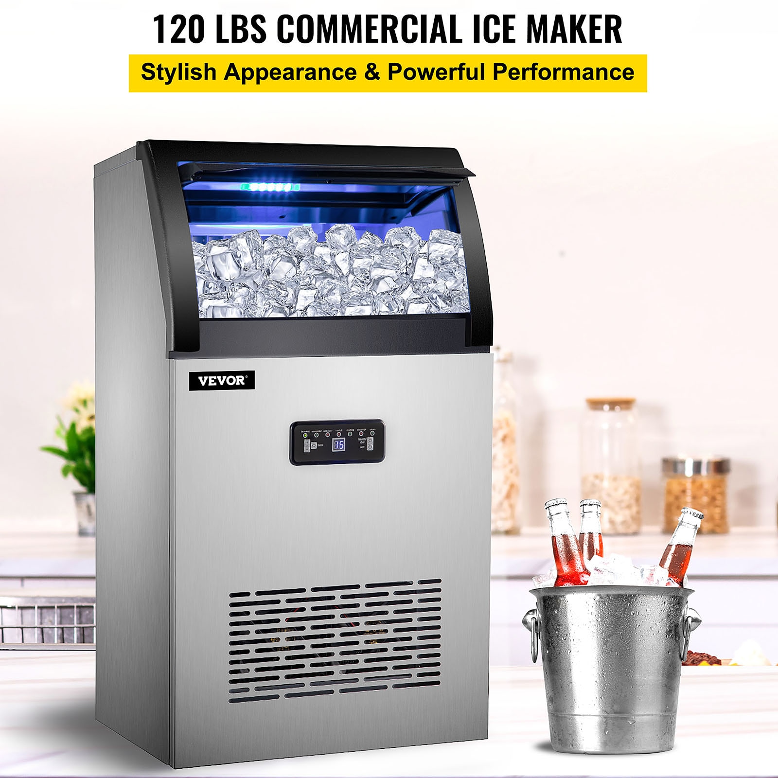 110V Commercial Ice Maker Machine, 16KG/24H Stainless Steel Under