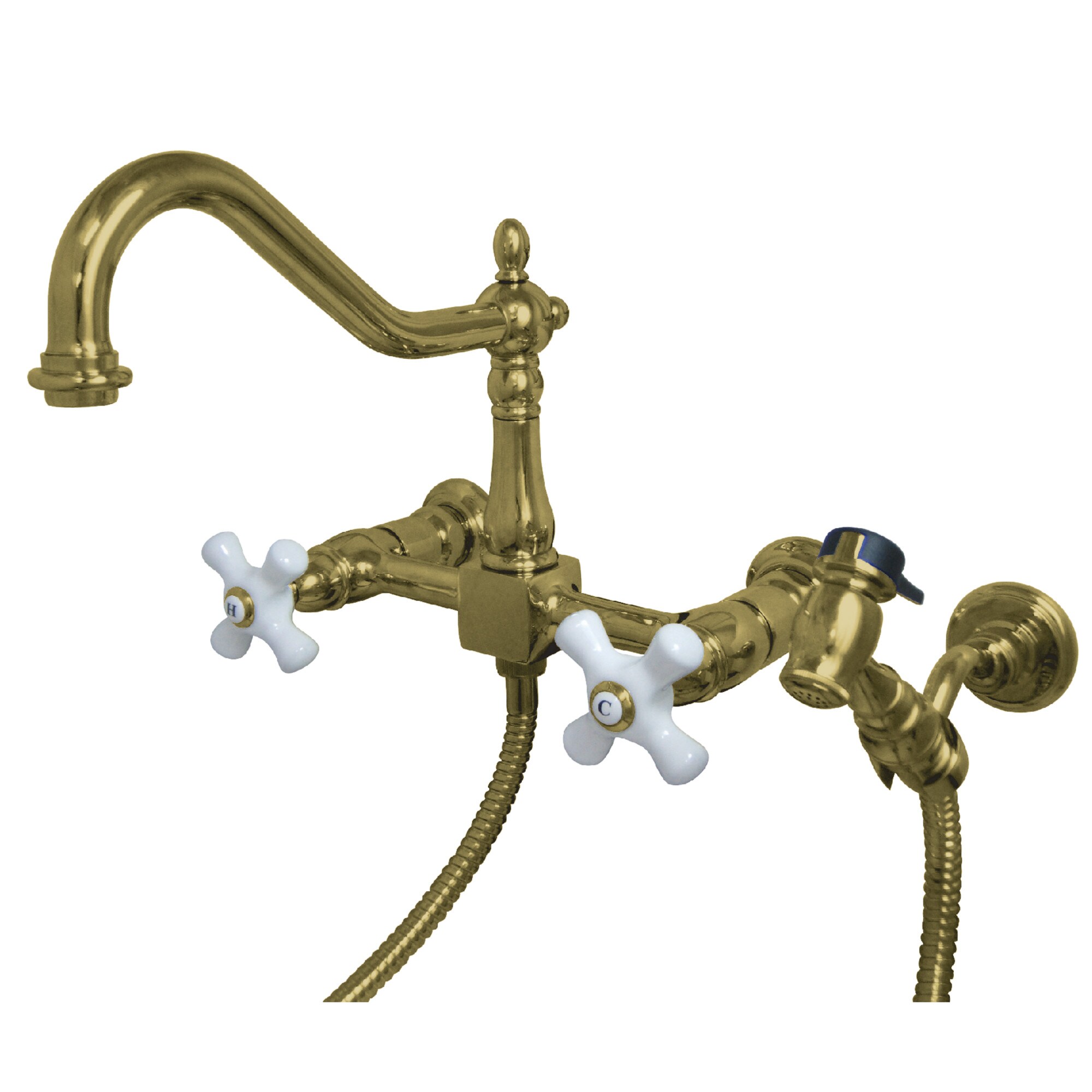 Kingston Brass WLKS1242PXBS Polished Brass Double Handle Wall-mount Kitchen Faucet ( Side Sprayer Included )