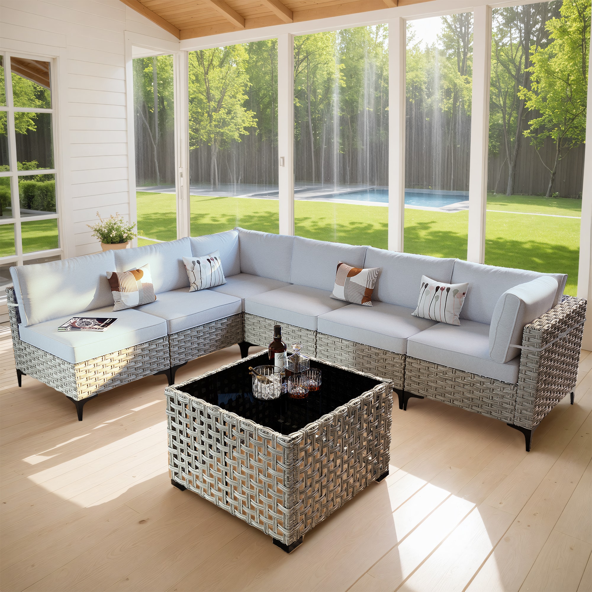 Pouuin SKT407 Wicker Outdoor Sectional with Light gray Cushions and Wicker Frame
