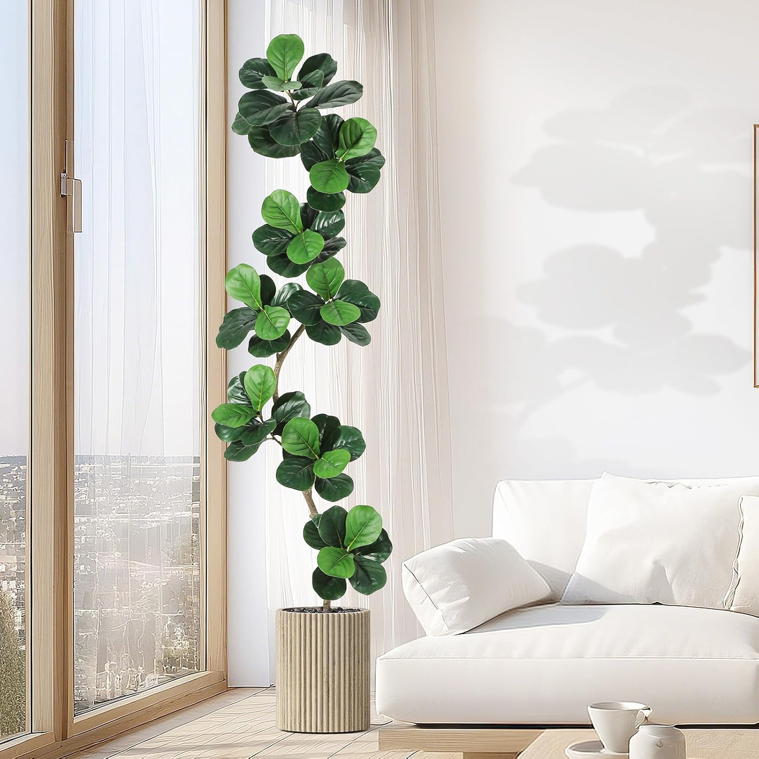 Qeetex LHF-GN-QWP89053 Fiddle Leaf Fig Artificial Tree with White Planter 7ft Faux Plants Indoor with Moss Fake Rubber Tall Fake Floor Plant in Pot - Artificial Trees for Home Office Living Room Decor