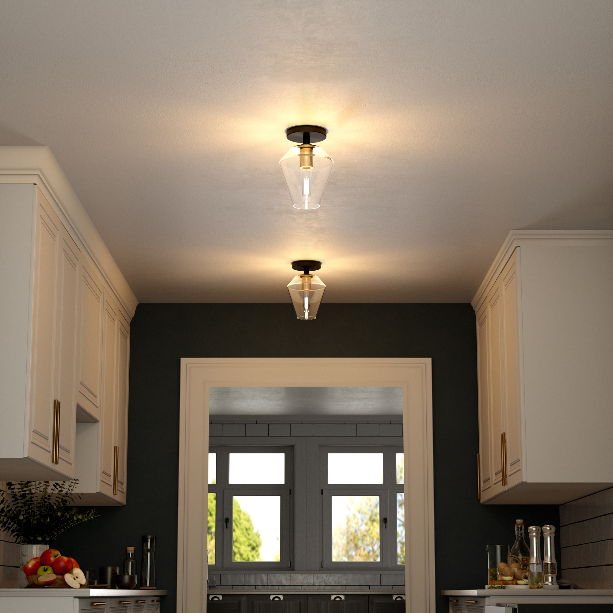 Remy 7" Matte Black and Brass Semi Flush Mount with Glass Shade