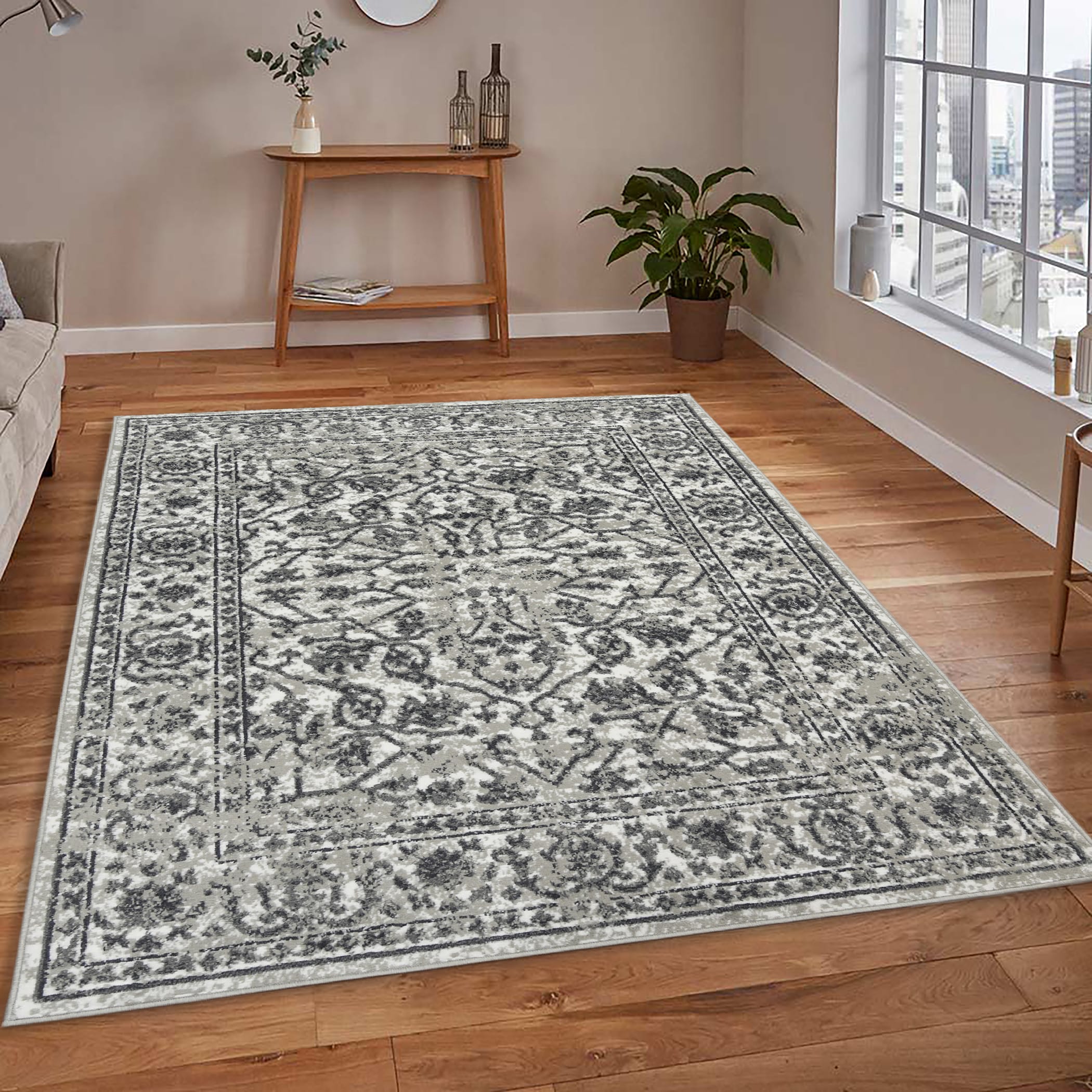 AMER ALP76709 Alpine 6 x 9 (ft) Loomed Polypropylene Dark Gray Rectangular Indoor Border Vintage Area rug