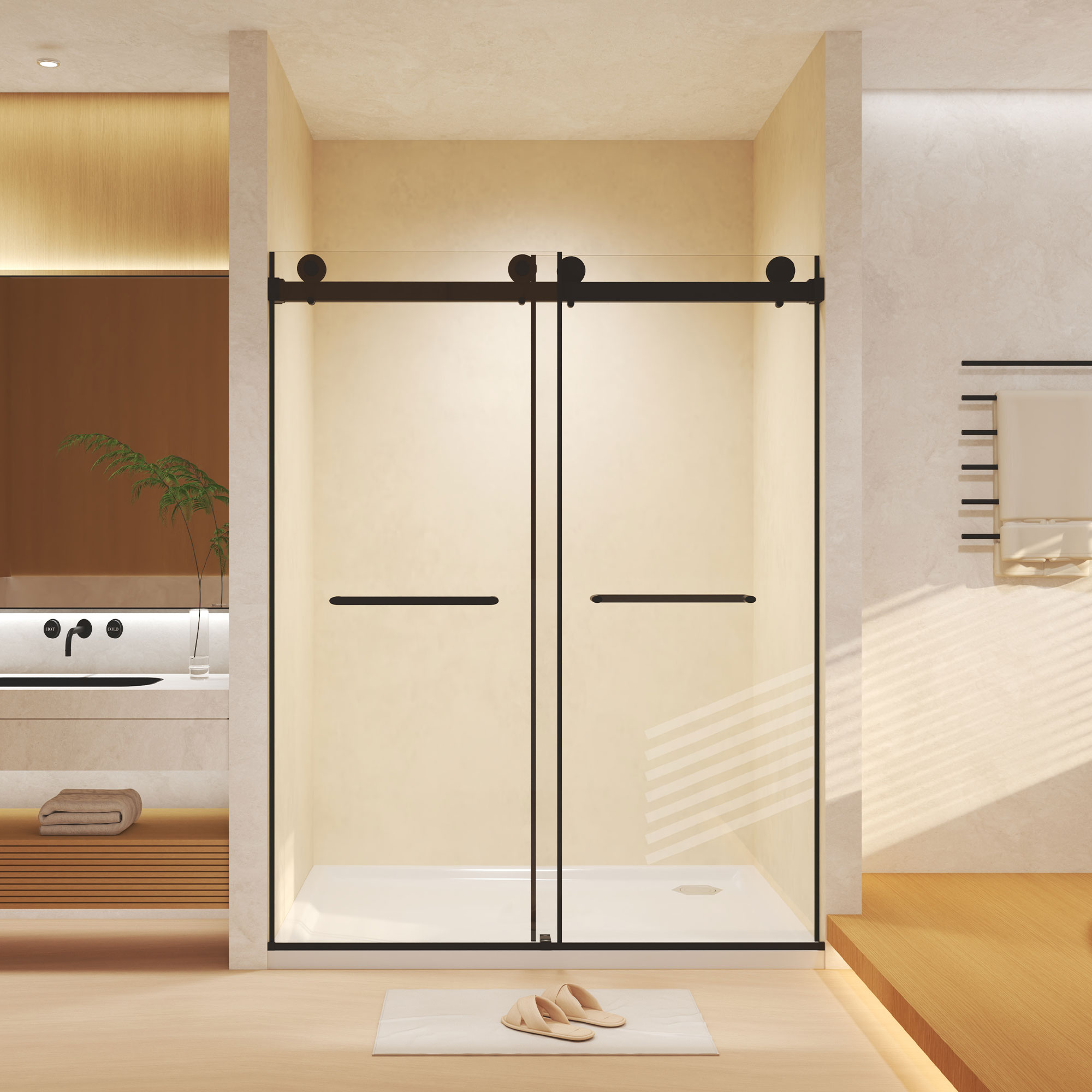 AAZJ Frameless Double Sliding Shower Door Matte Black 56-in to 60-in W x 74-in H Frameless Clear Glass Sliding Shower door