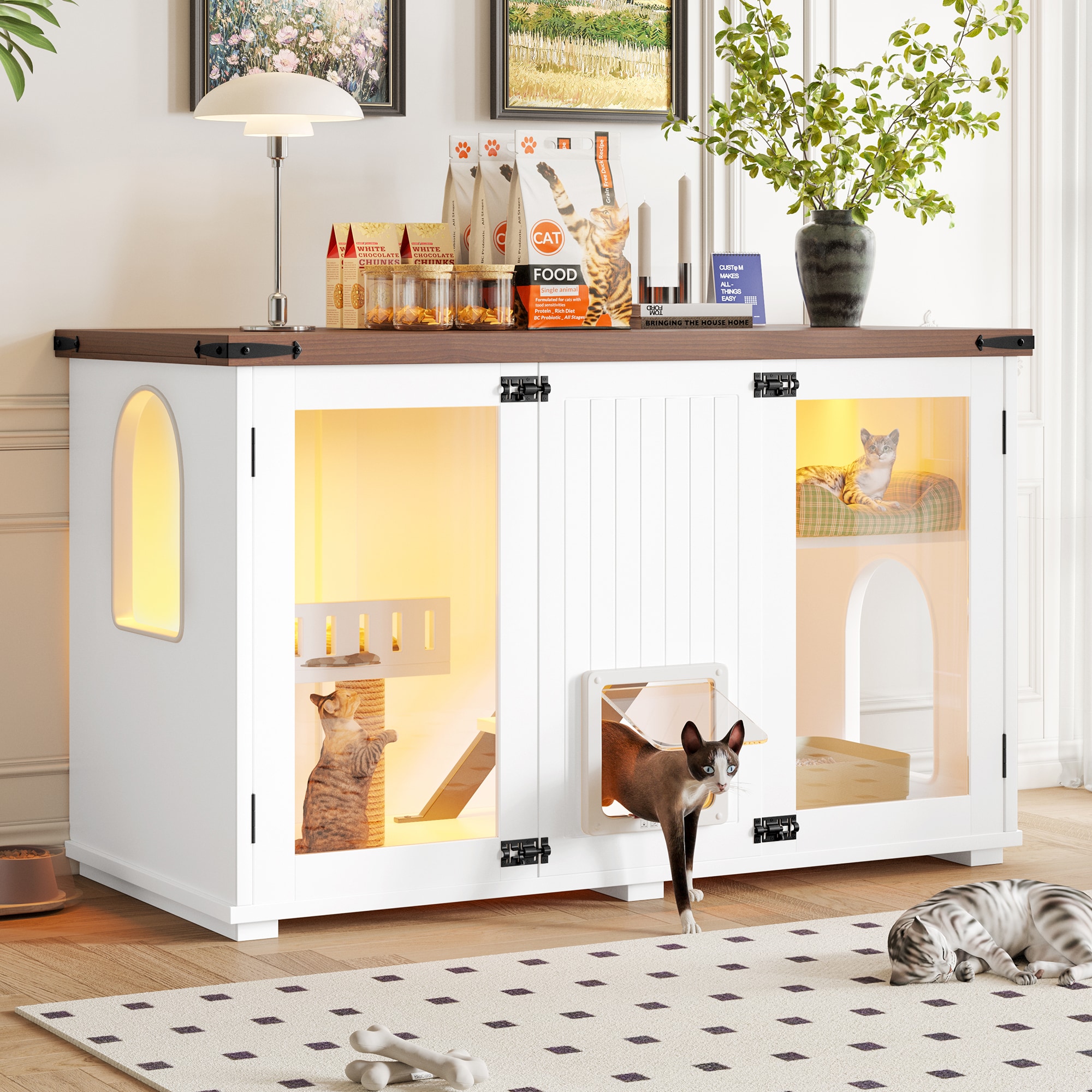 Boho Havens White Wooden Cat Litter Box Enclosure Furniture
