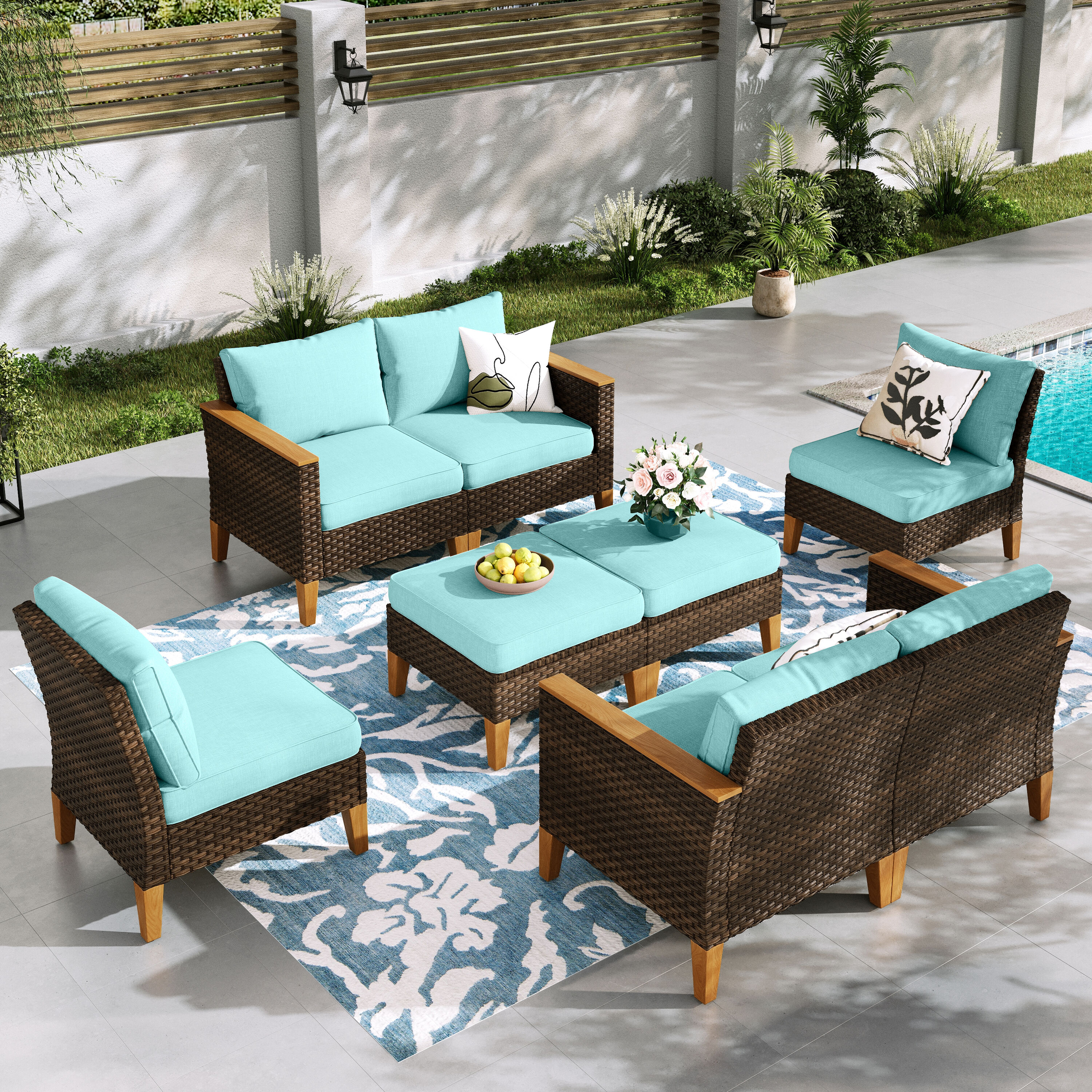 Sunshine Valley CR006-04-8-BU 8 -Piece Wicker Patio Conversation Set with Blue CUSHION PRO Cushions