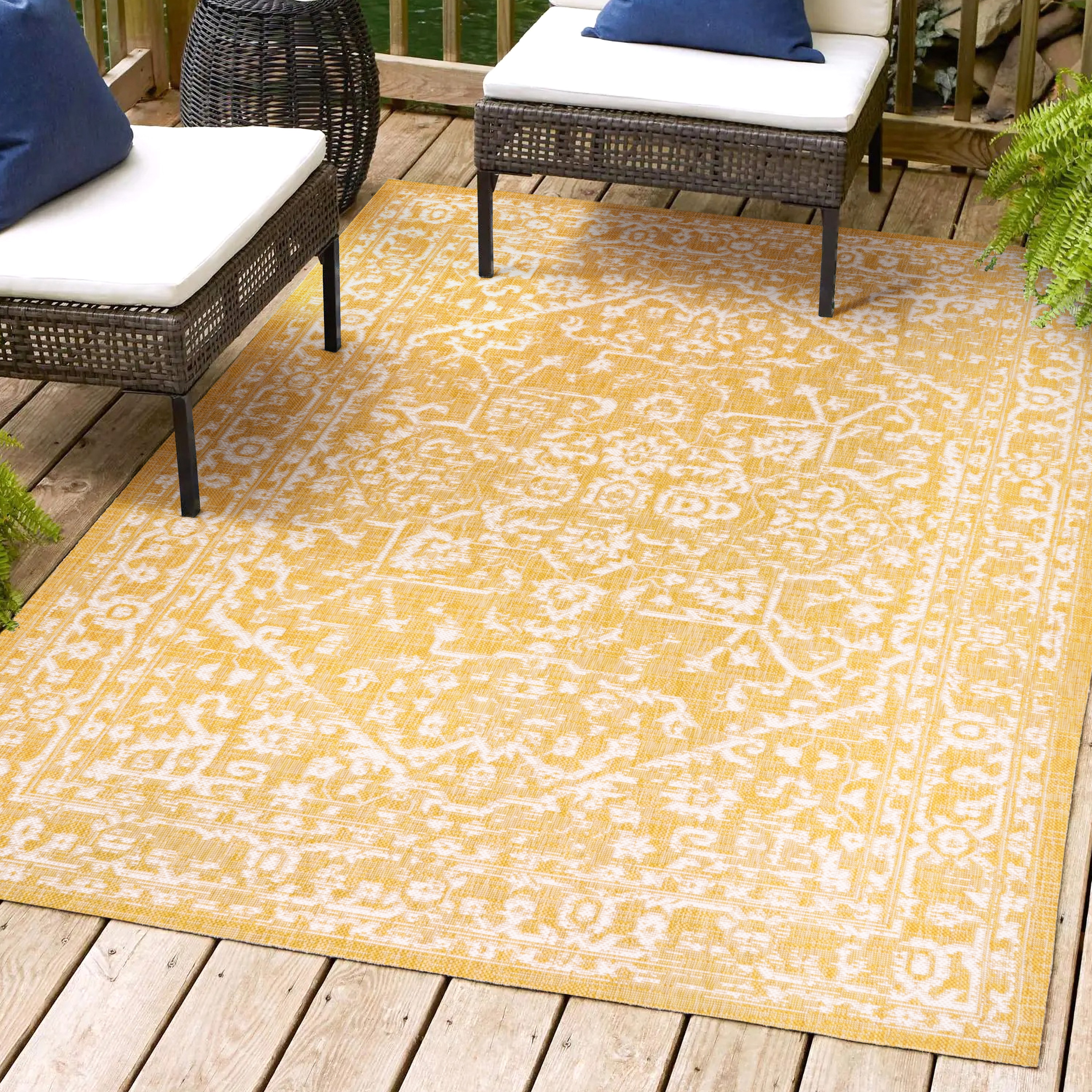 JONATHAN  Y SMB104G-4 Santa Monica Malta Textured Weave 4 x 6 (ft) Loomed Polypropylene Yellow/Cream Rectangular Indoor/Outdoor Border Coastal Area rug
