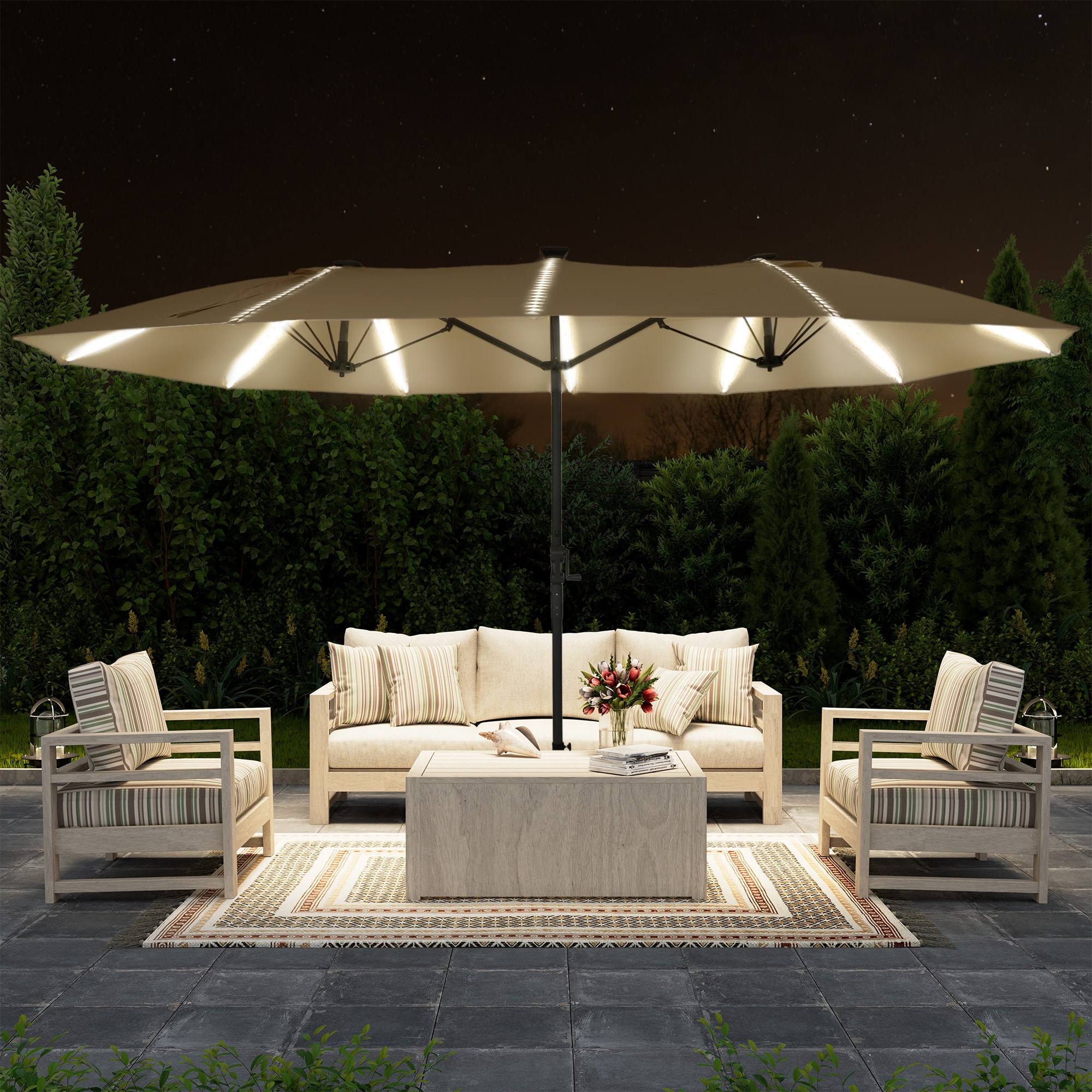 Clihome CLGKBXL-BBE 15 Steel Beige No-tilt Garden Patio Umbrella with Lights and with Base