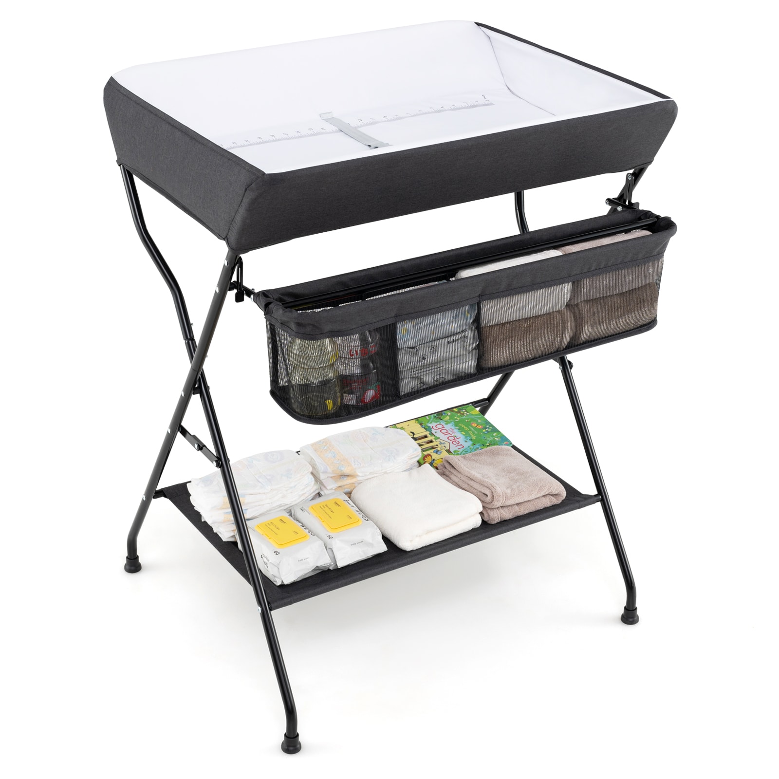 Slickblue Foldable Baby Care Station - 31.5W-Inch Black/Gray Freestanding Changing Table for Nursery