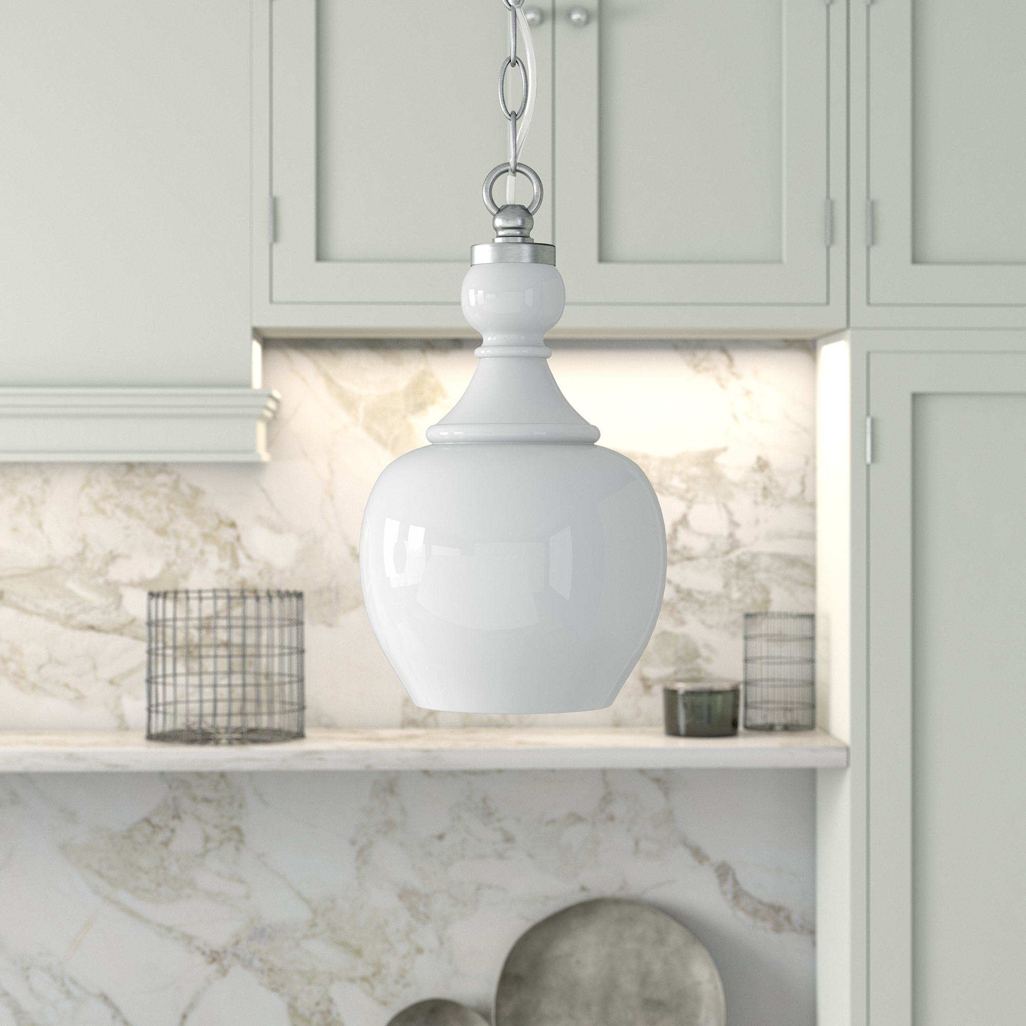 Hailey Home PD1079 Verona Brushed Nickel Transitional White glass Drum Mini Hanging Pendant light