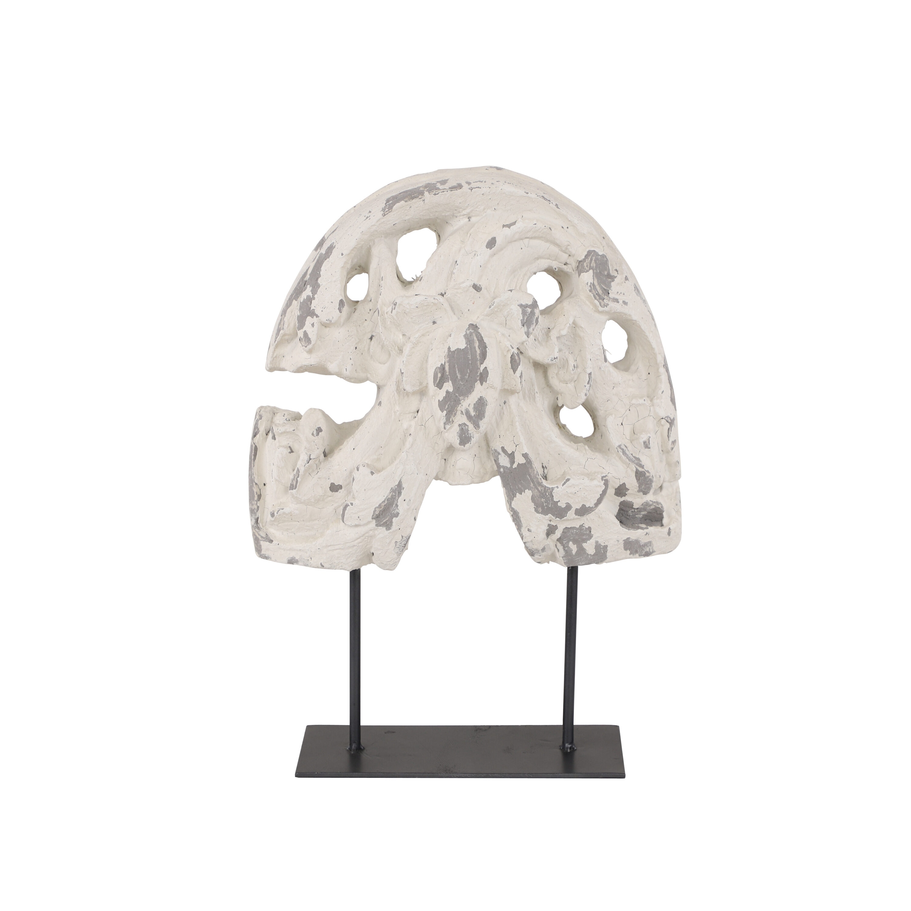 Distressed White Metal Acanthus Sculpture on Stand