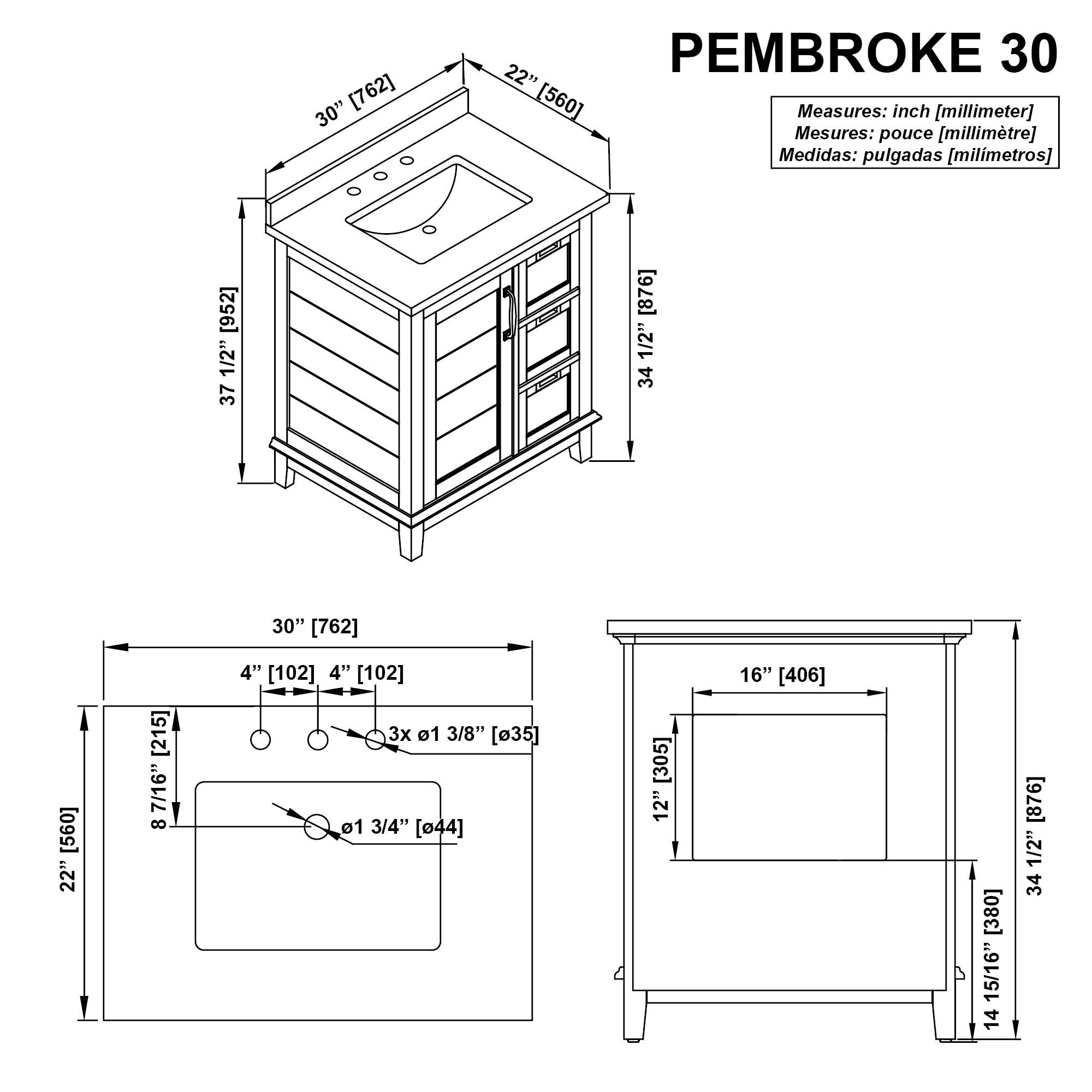 Pembroke Greyish Blue 30" Single Sink Freestanding Bathroom Vanity with Marble Countertop