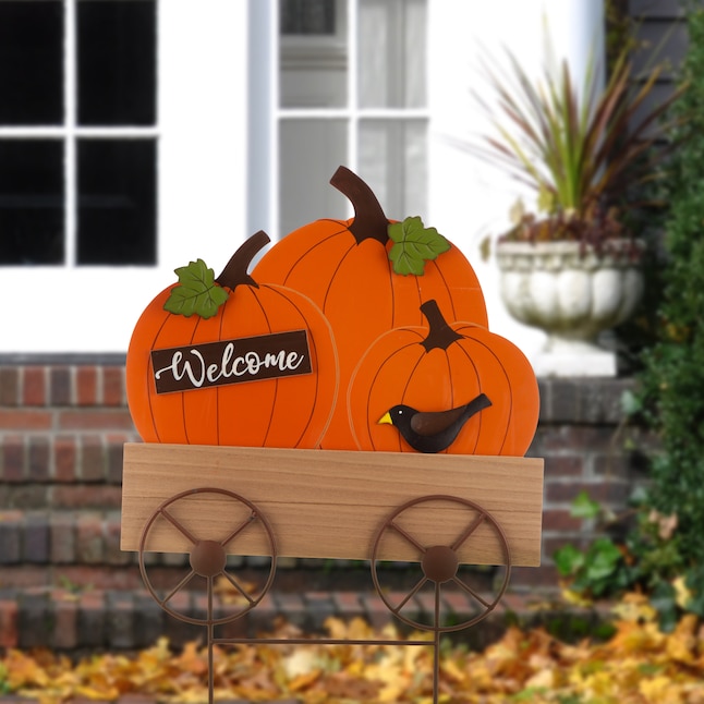 Glitzhome 26.38-inH Fall Metal and Wooden Pumpkin Cart Yard Stake and ...