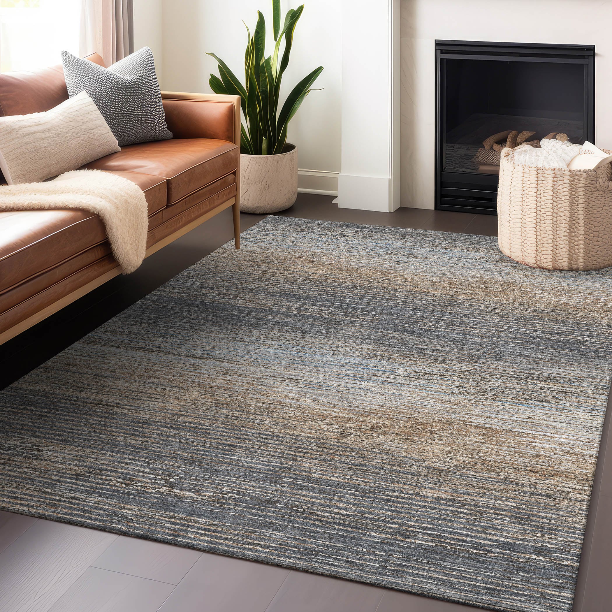Pewter and Beige Stripe Washable Synthetic Rug 3' x 5'