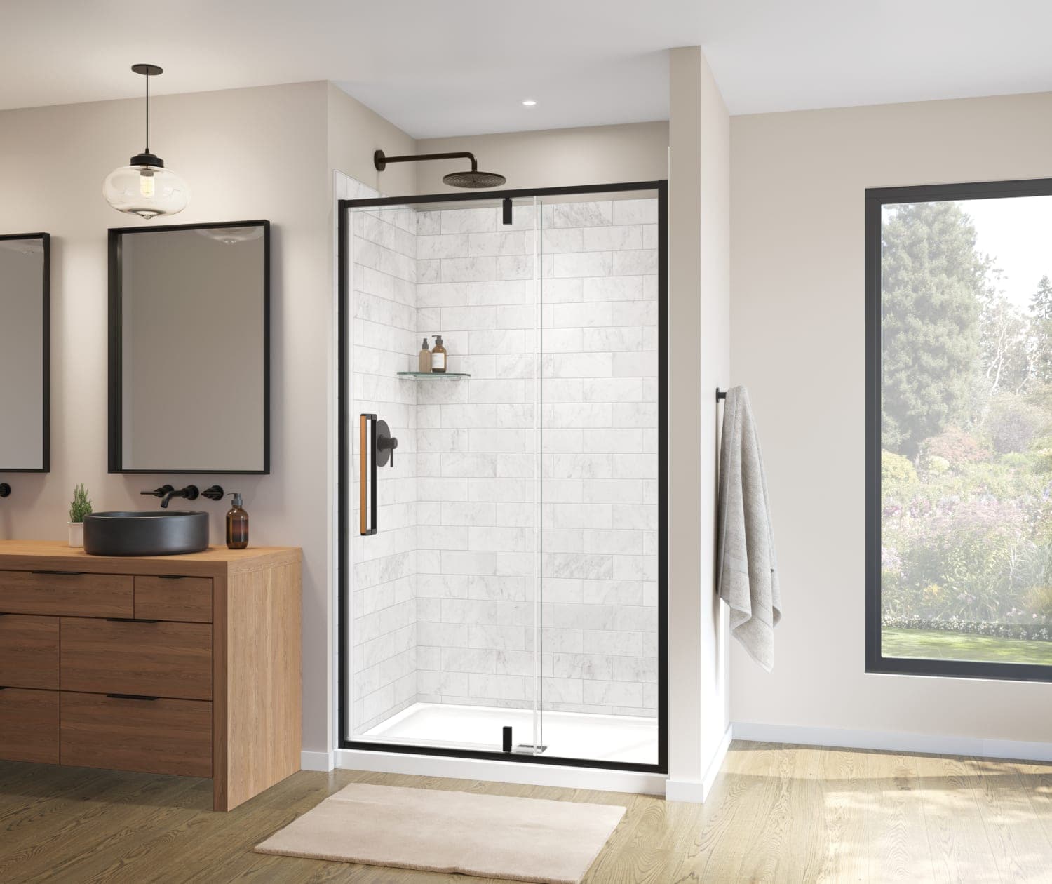 MAAX 135325-900-285-000 Uptown Matte Black 45-in to 47-in W x 76-in H Frameless Clear Glass Pivot Shower door