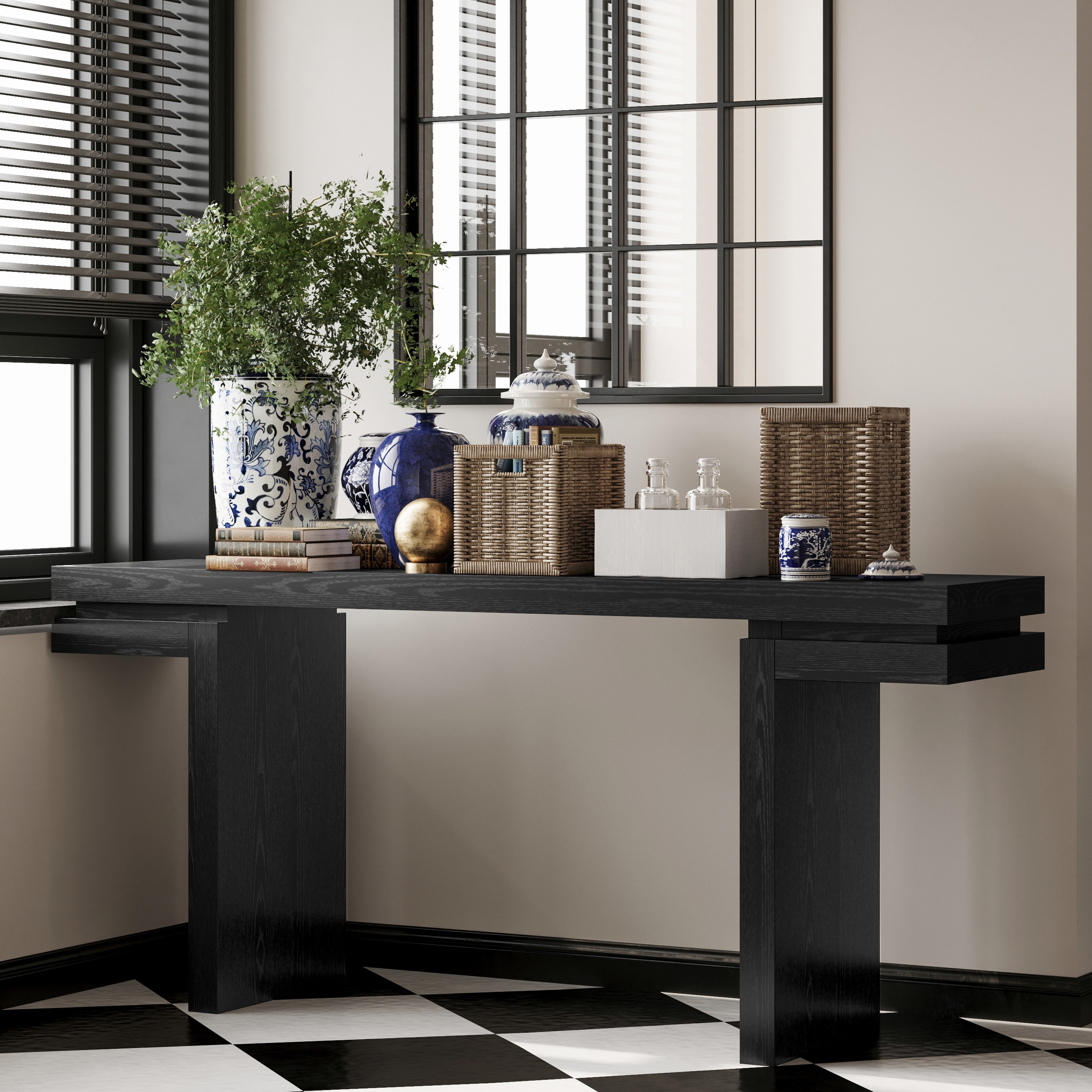 GDFStudio 341692 Minimalist 66 Inches Extra Wide Real Wood Veneered Console Table Black