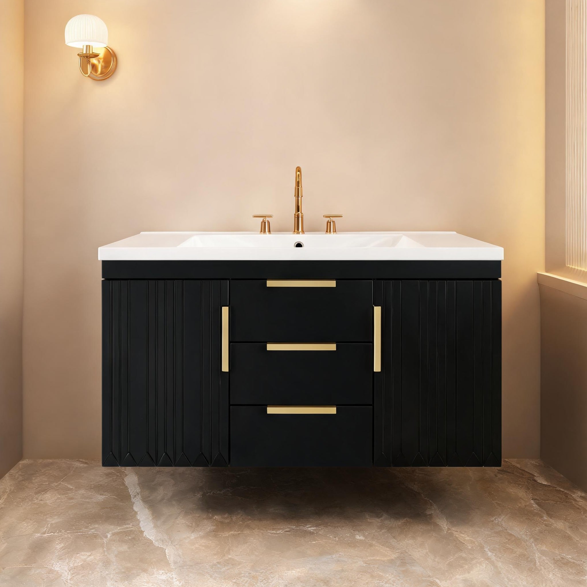 SunJet Deep Black Floating Bathroom Vanity in Solid Wood 36-Inch Wall-Mounted Storage with Resin Basin Sink