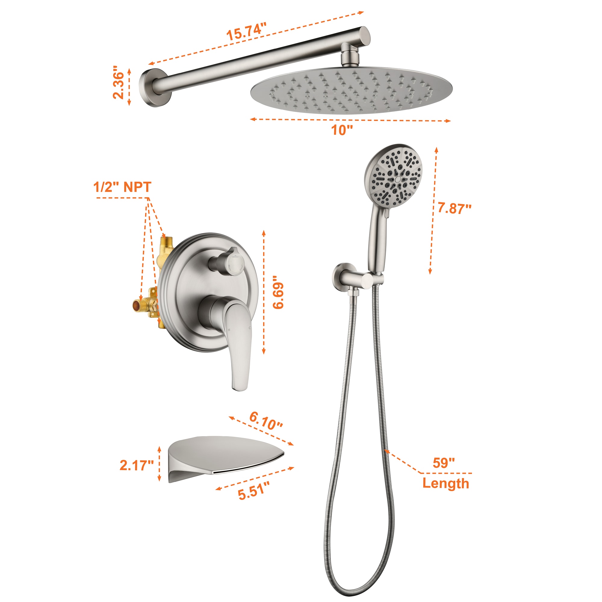 WELLFOR SPA-88040BN-10 Showerhead-Bar-Panels - View #10