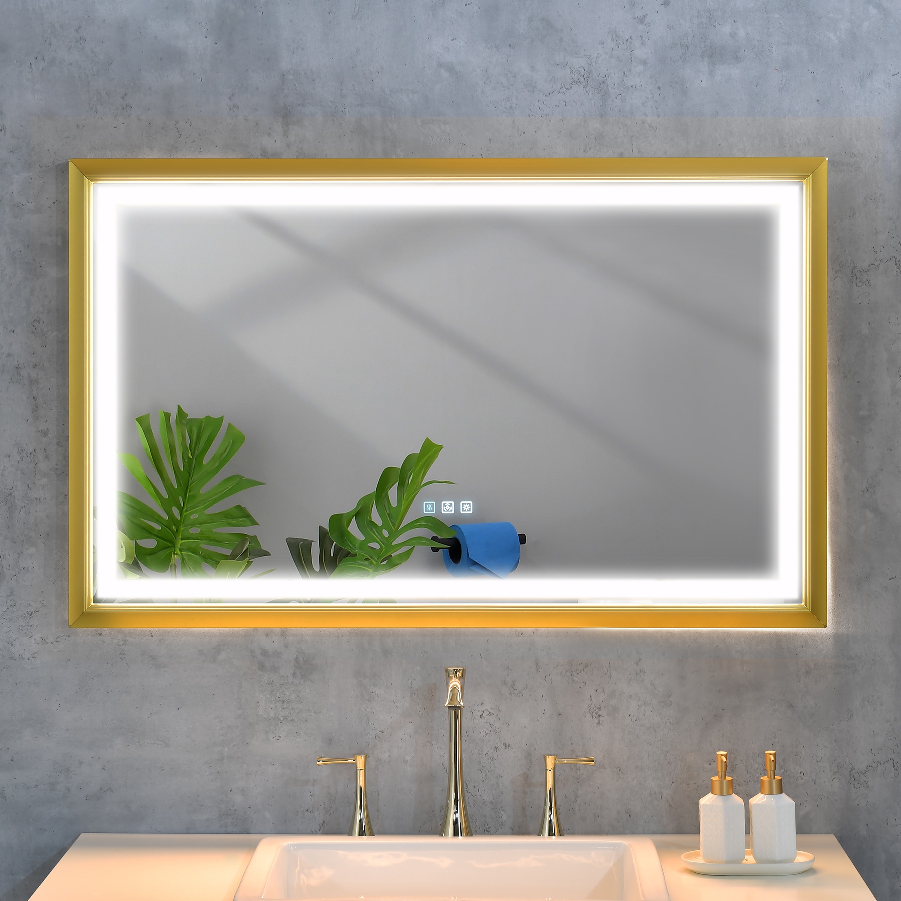 WELLFOR WA-BGF-4224 42-Inches x 24-Inches Framed Frameless Rectangle Dimmable Lighted Fog Free Bathroom Vanity Mirror ( Gold )
