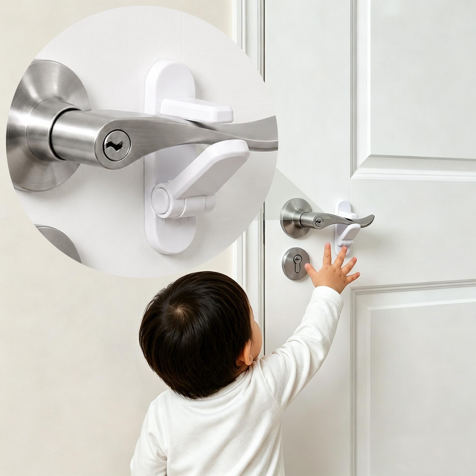 LILILIAN FMY  Childproof Door Lever Lock 4 Pack Door Handle Locks for Kids Safety with 3M Adhesive and Tool Free Installation Durable ABS Material