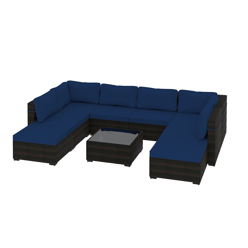 UPHA TBSF-ABCD-NAVYBLUE 9 -Piece Wicker Patio Sofa Conversation Set with Blue Cushions