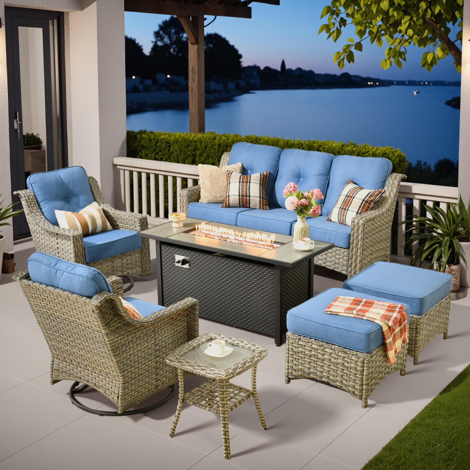 Ovios RFP5PD506Y 7 -Piece Rattan Patio Sofa Conversation Set with Blue Cushions
