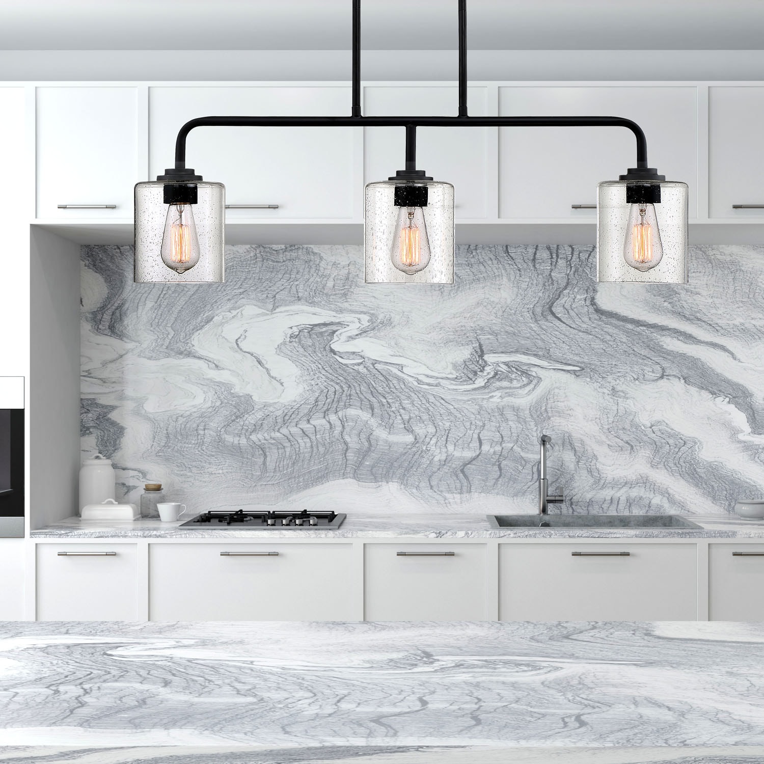 Logan Matte Black 3-Light Island Pendant with Clear Seedy Glass