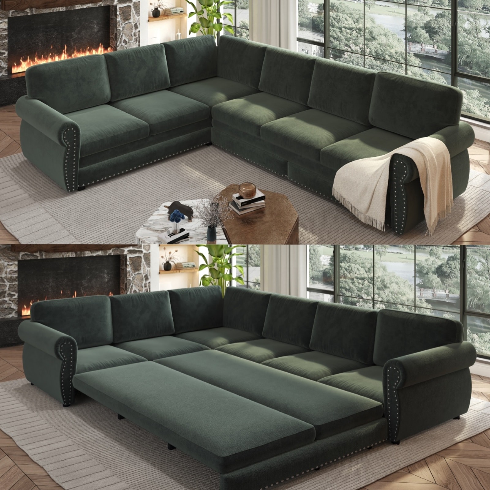 CHITA 118-Inch Green Sectional Sleeper Sofa Bed with Pull-Out Bed Flexible Sectional Seating and Guest Bed Function and Convertible Sofa and Bed Design