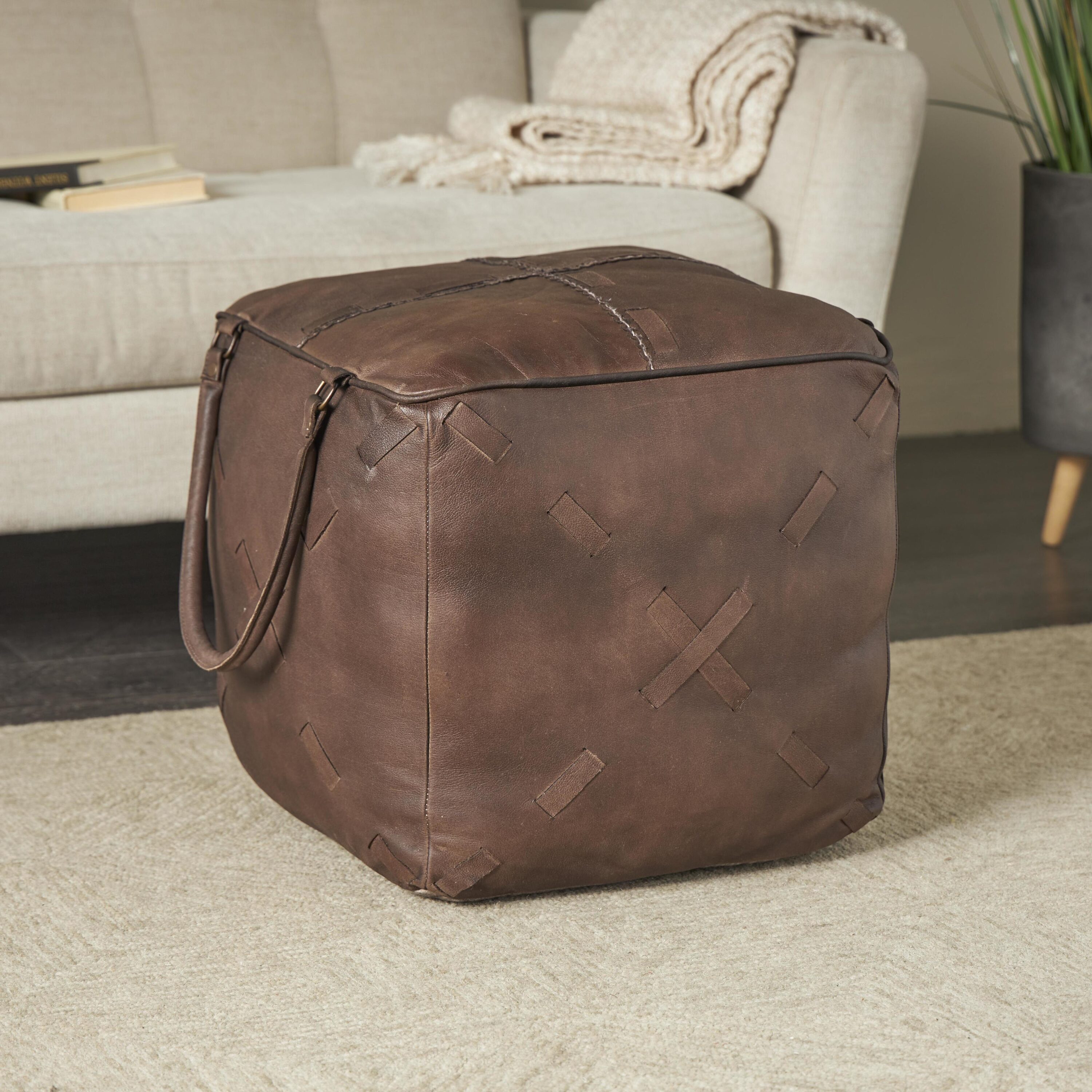 Grayson Lane 821447 Farmhouse Dark Brown with Woven Straps Genuine Leather Ottoman