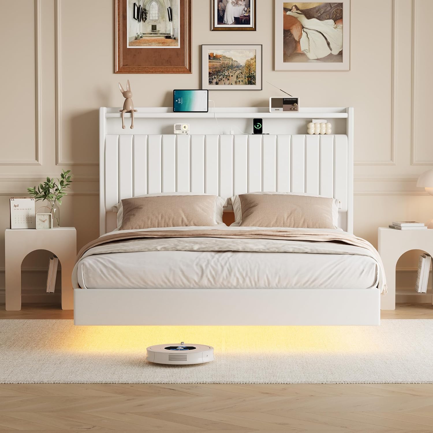 Qeetex LHF-BED-PHO-16DKXZCU Queen Size Floating Bed Frame with RGB LED Lights and Storage Headboard Upholstered Platform Bed Frame with Charging Station 50inches Tall Headboard Leather Bed Frame Queen Size No Box Spring Needed White